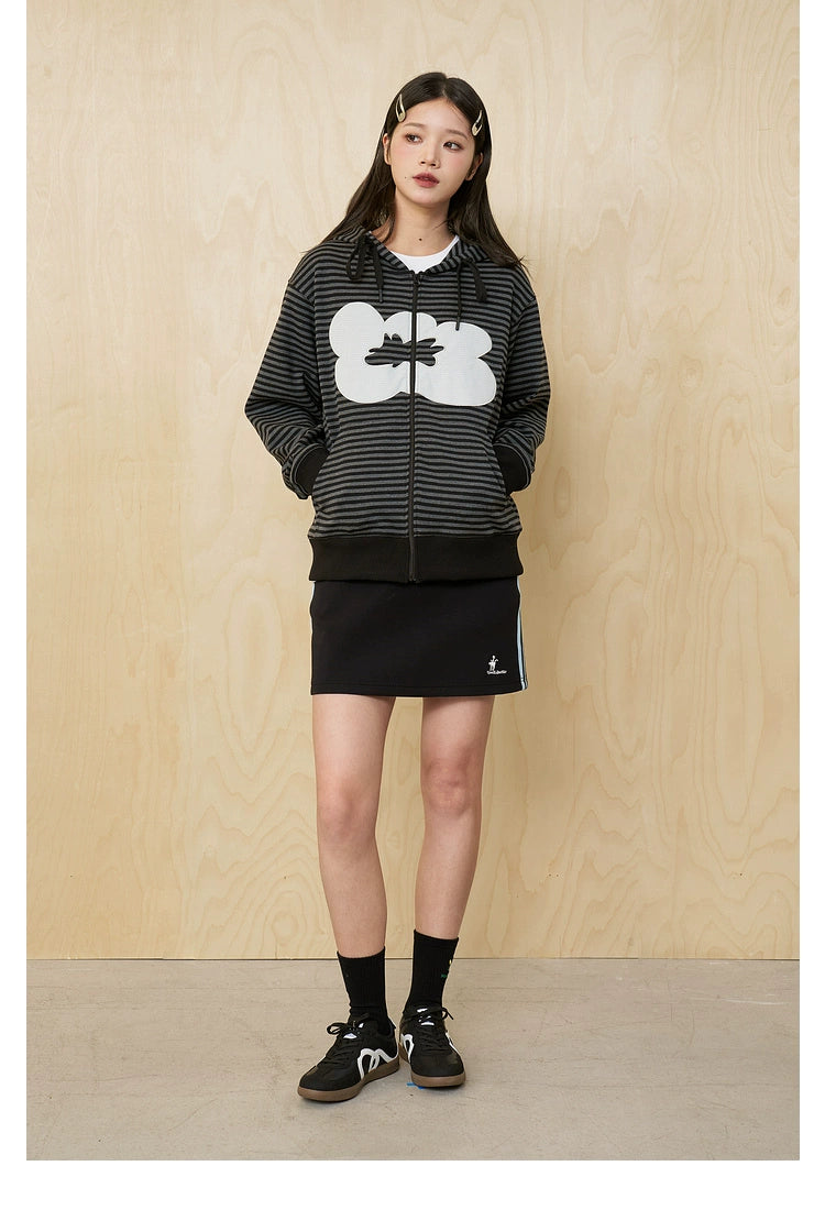 MoodLikeMe Striped Flower Patch Embroidered Hooded Sweater
