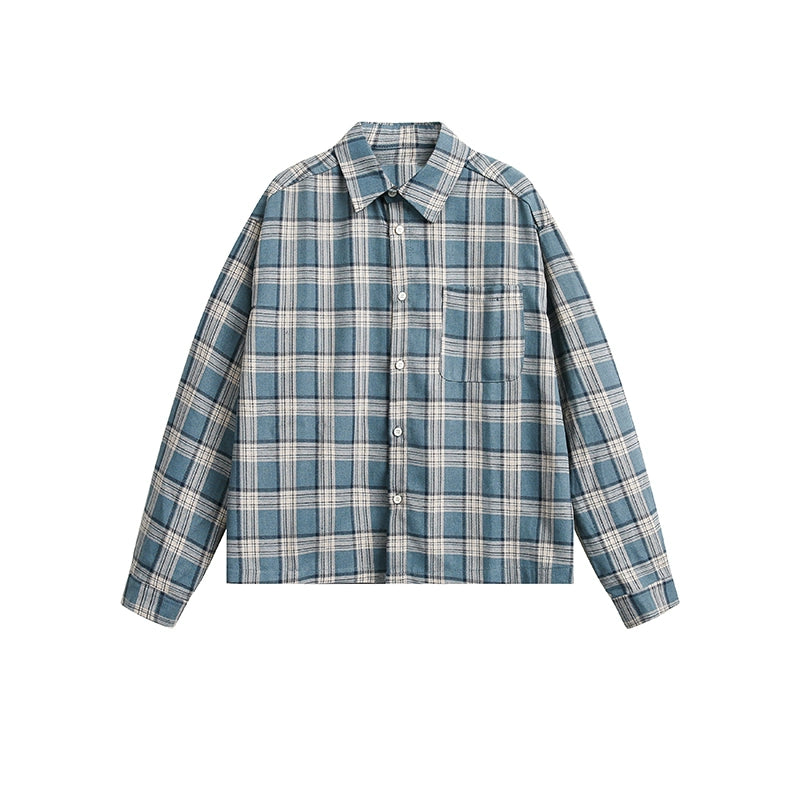 NOEARS Japanese Retro Plaid Loose Long-sleeved Square Neck Shirt