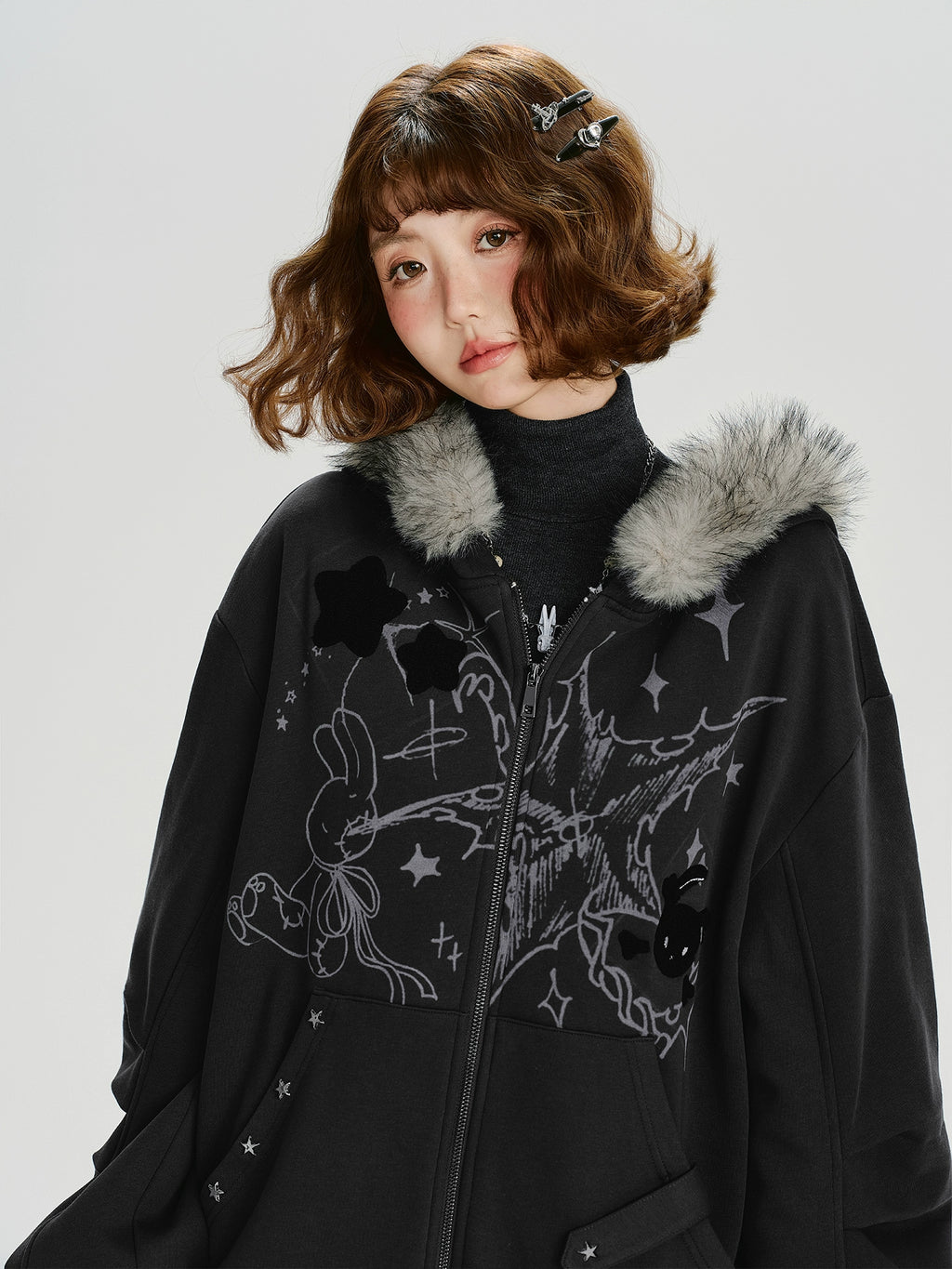 Girlyhalo Vintage Print Hooded Sweater Jacket