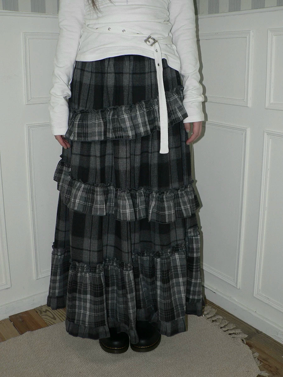 Ang: Project Vintage Plaid Stitching Irregular Skirt
