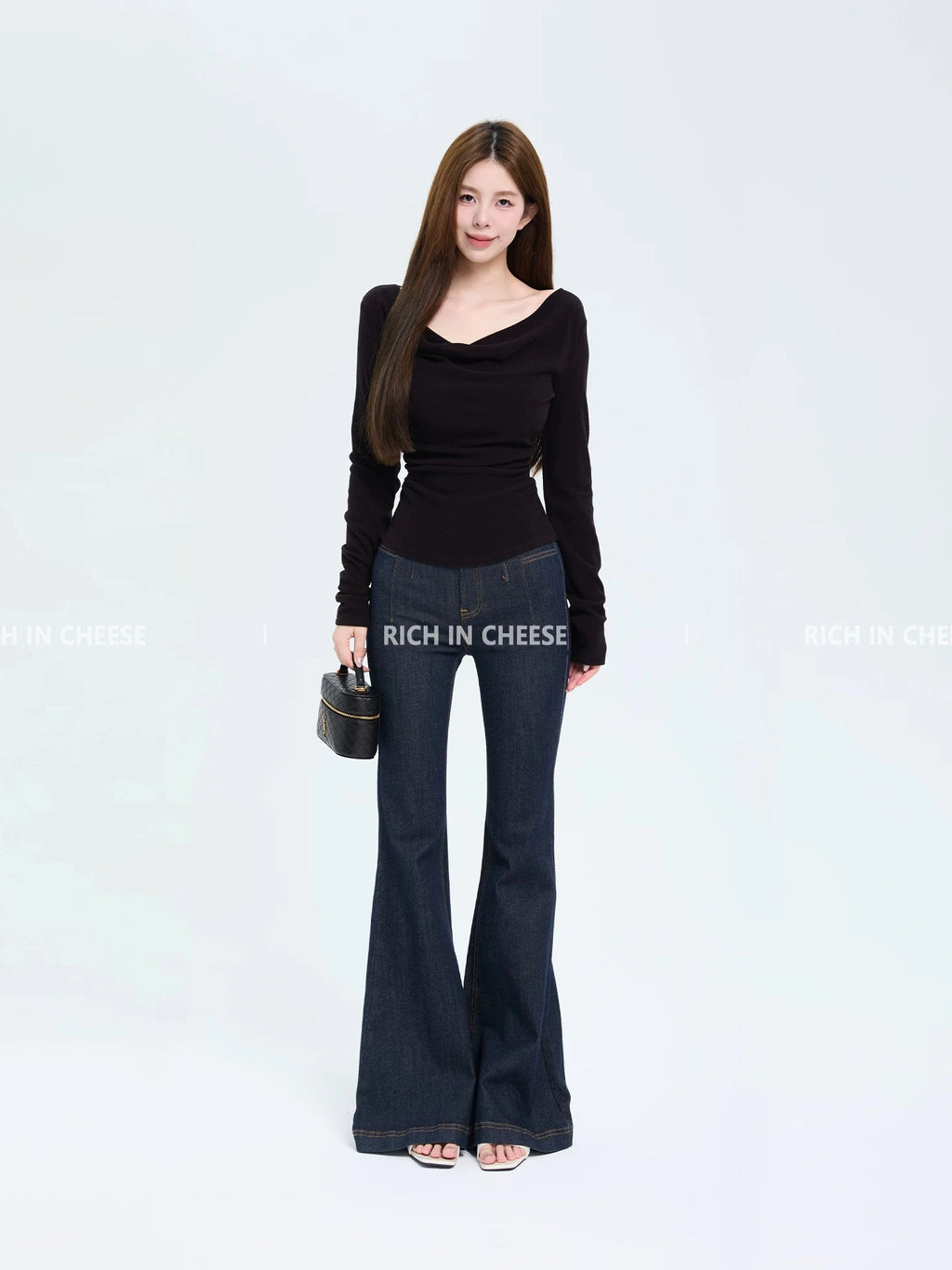 RICH IN CHEESE Swing Neck Knitted Waist Pleated Long Sleeves