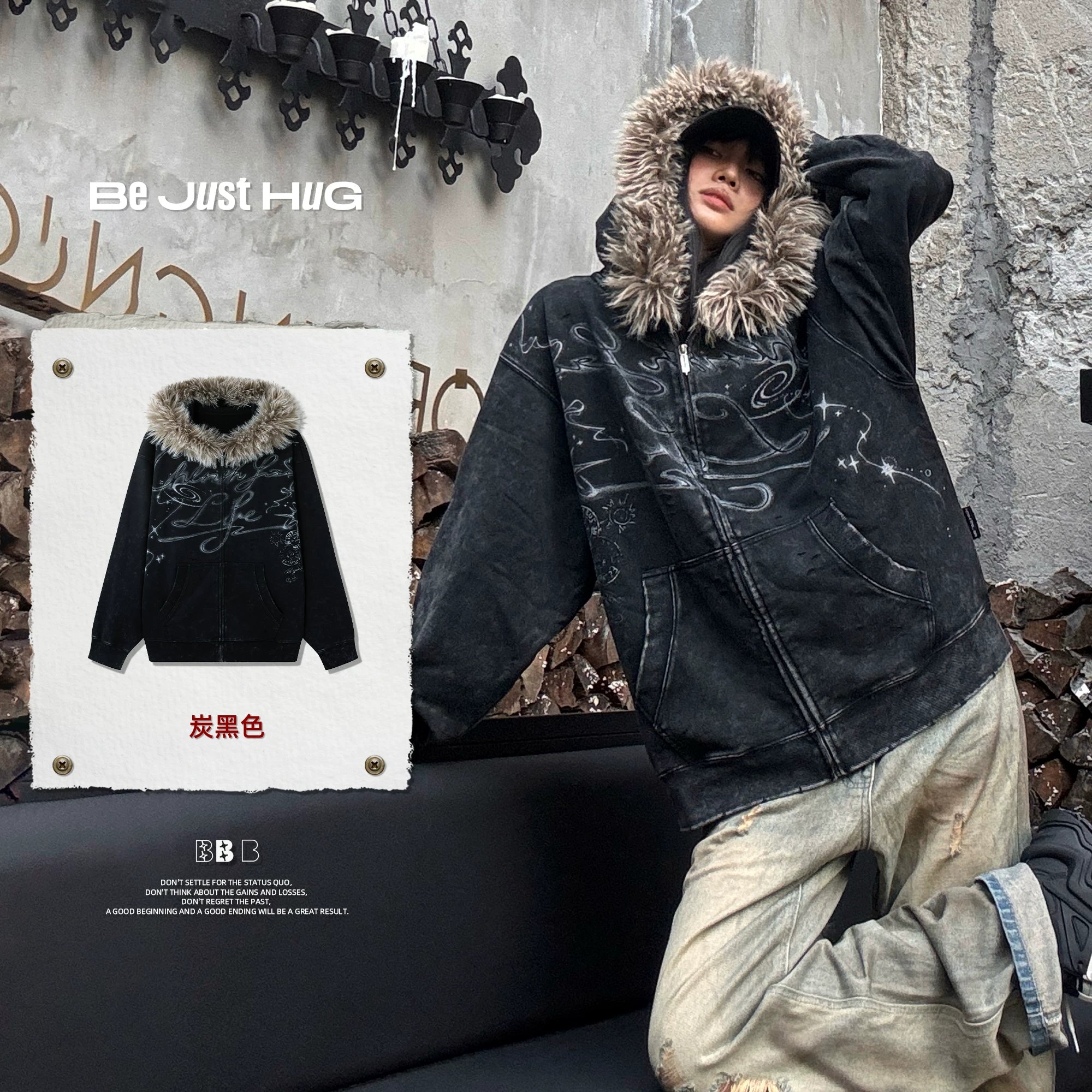 BJHG Fur Collar Hooded Sweater
