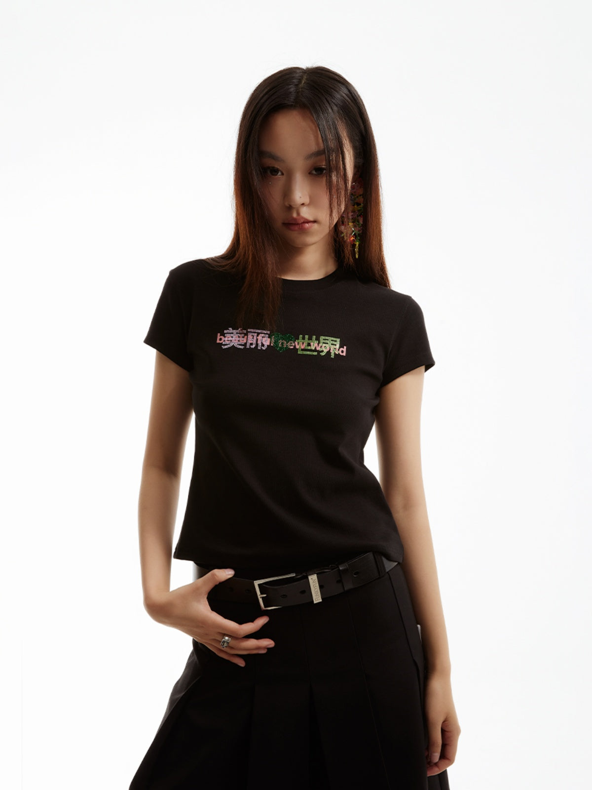 FUNKYFUN Printed Front Shoulder Thread Elastic Tee