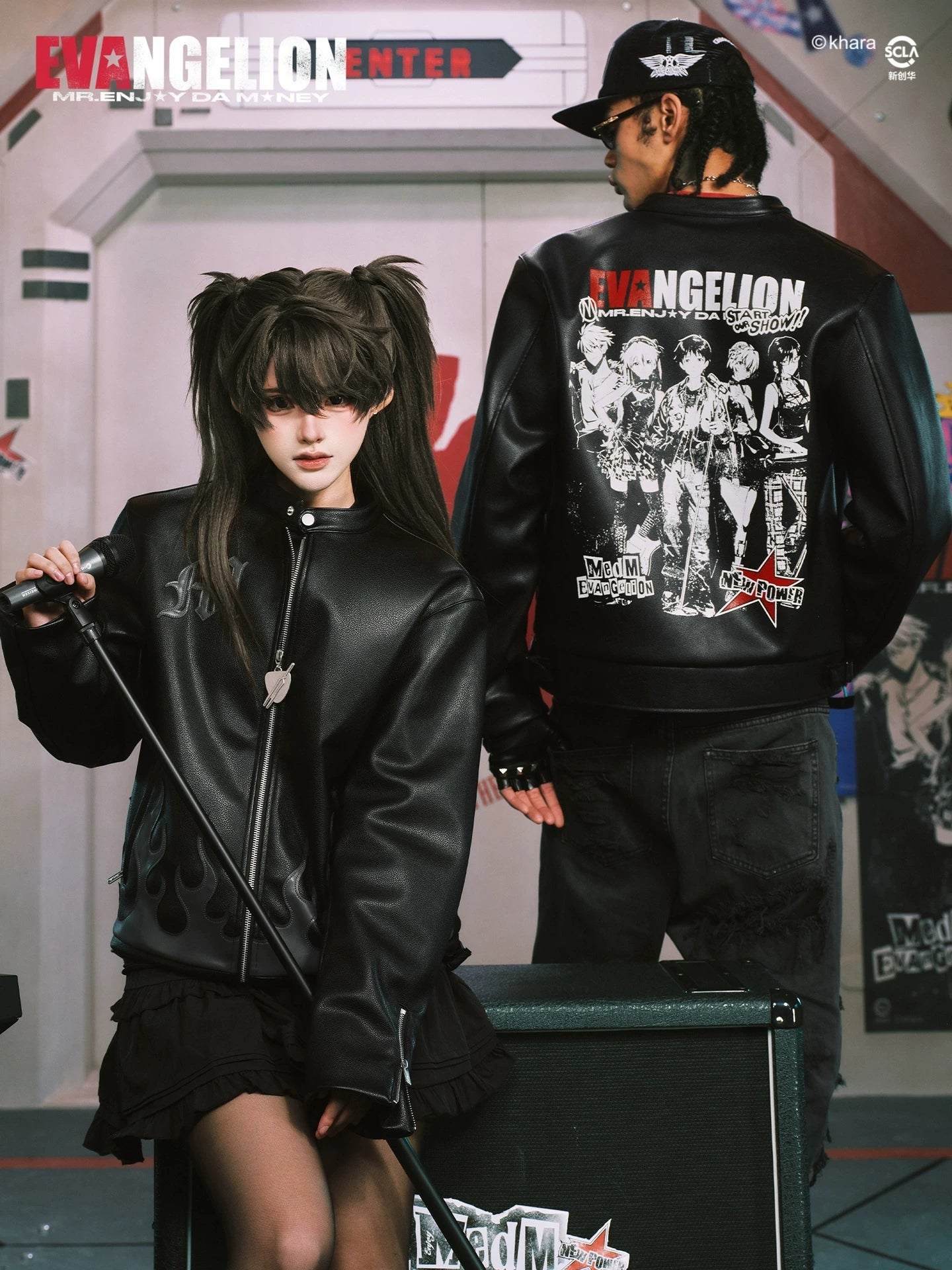 MEDM Flame Print Casual Zip Leather Jacket