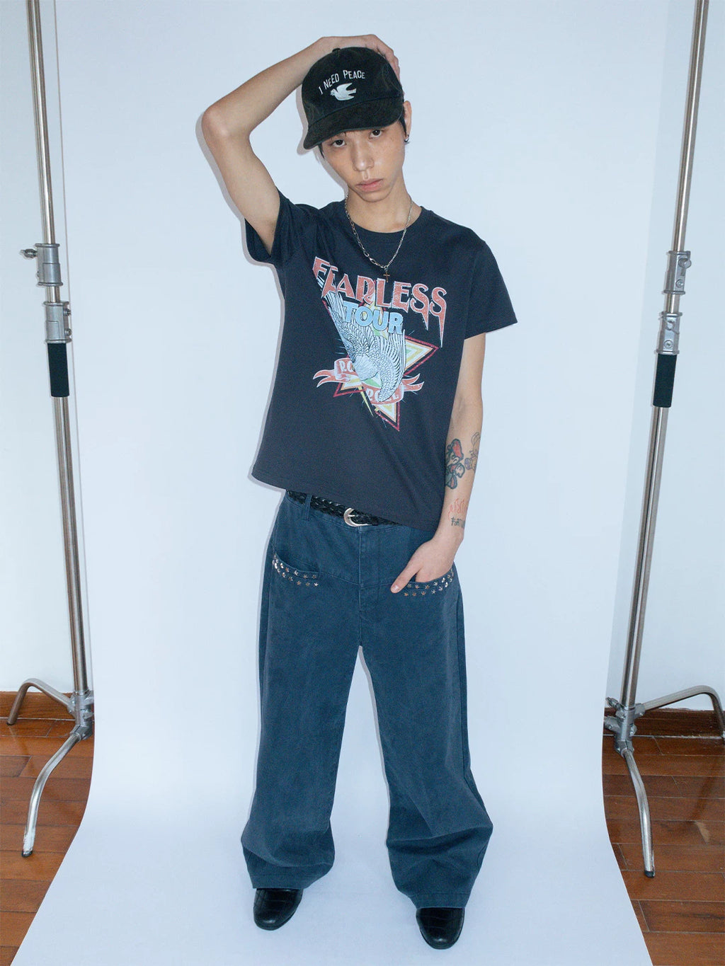 FUNKYFUN Do Old Rock Print Front Shoulder Tee