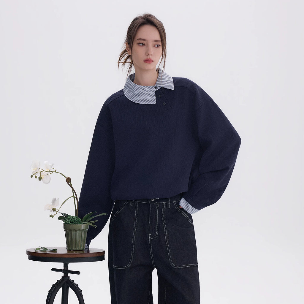 CHOR Long-sleeved Sweatshirt with Loose Stripes on Lapels