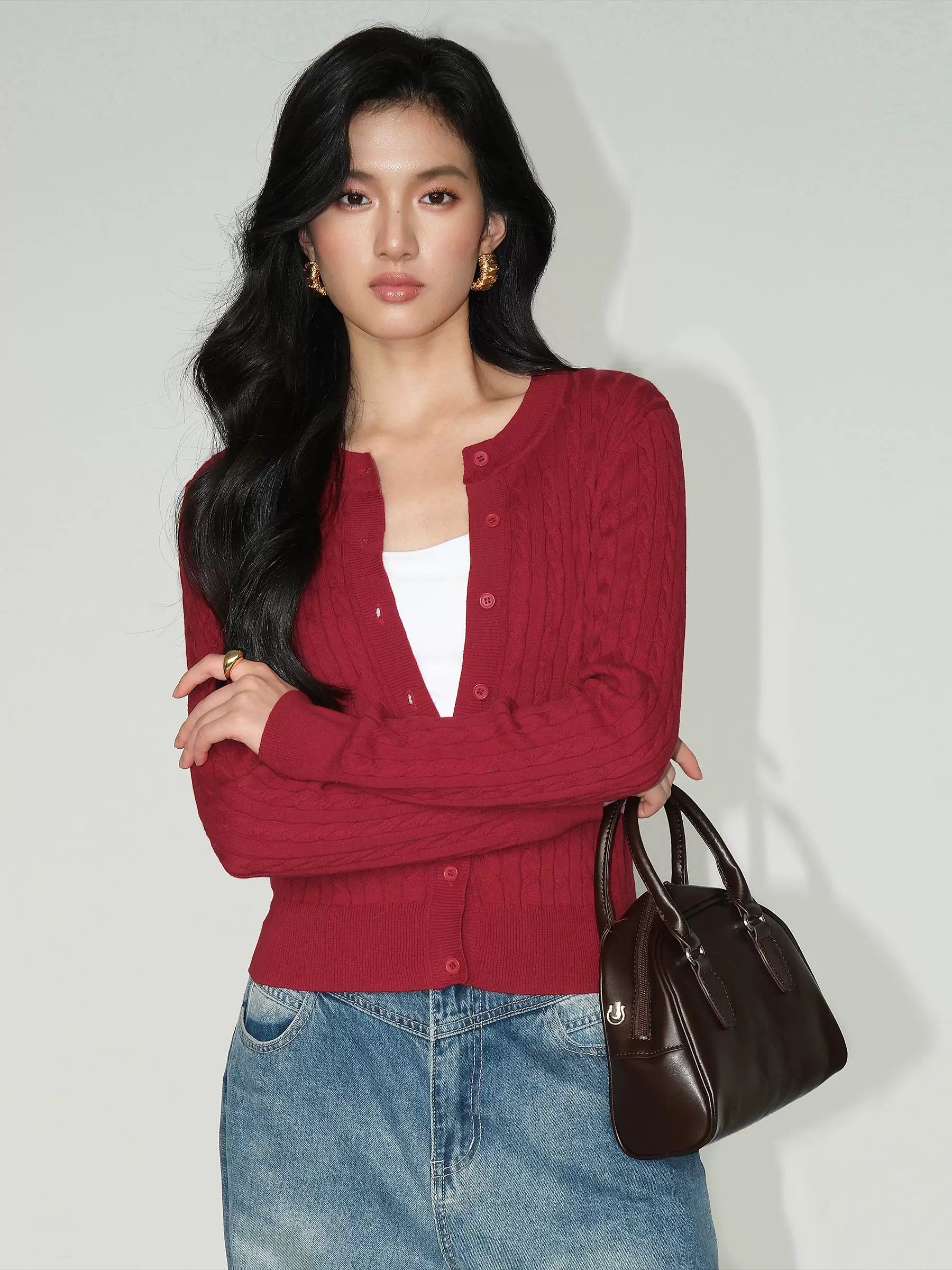 NEVA HU Vintage Crew Neck Twist Sweater Cardigan Jacket