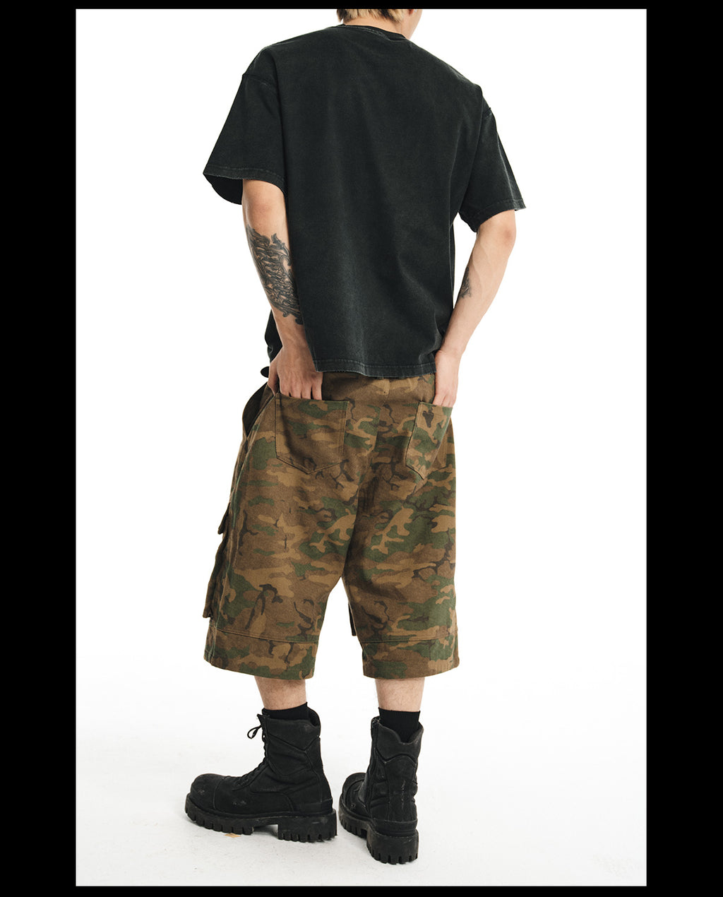 NOVACAM wasteland wind retro camouflage baggy heavy mottled old black cropped pants