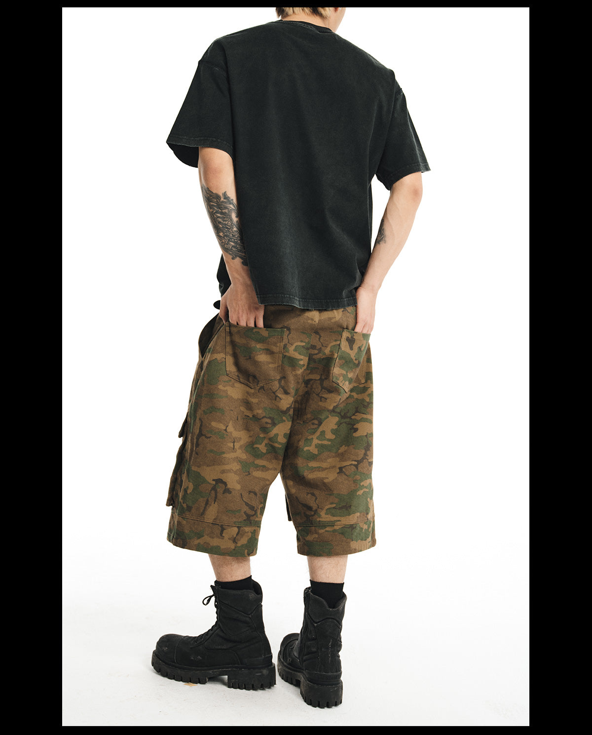 NOVACAM wasteland wind retro camouflage baggy heavy mottled old black cropped pants