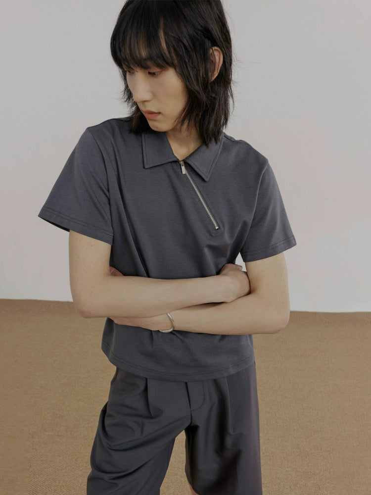 COLN Oblique Zipper Semi-open Neck Short-sleeved Polo Shirt