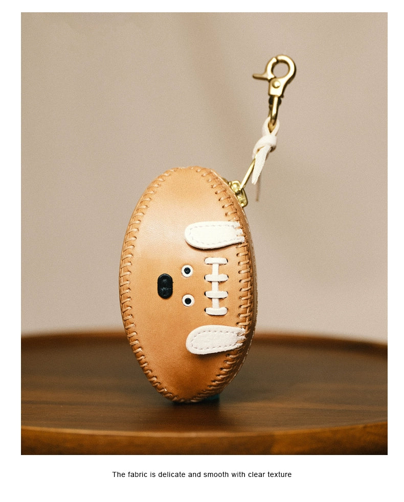 HALF WORK first layer cowhide key bag, genuine leather retro handmade football bag, earphone bag, key bag.