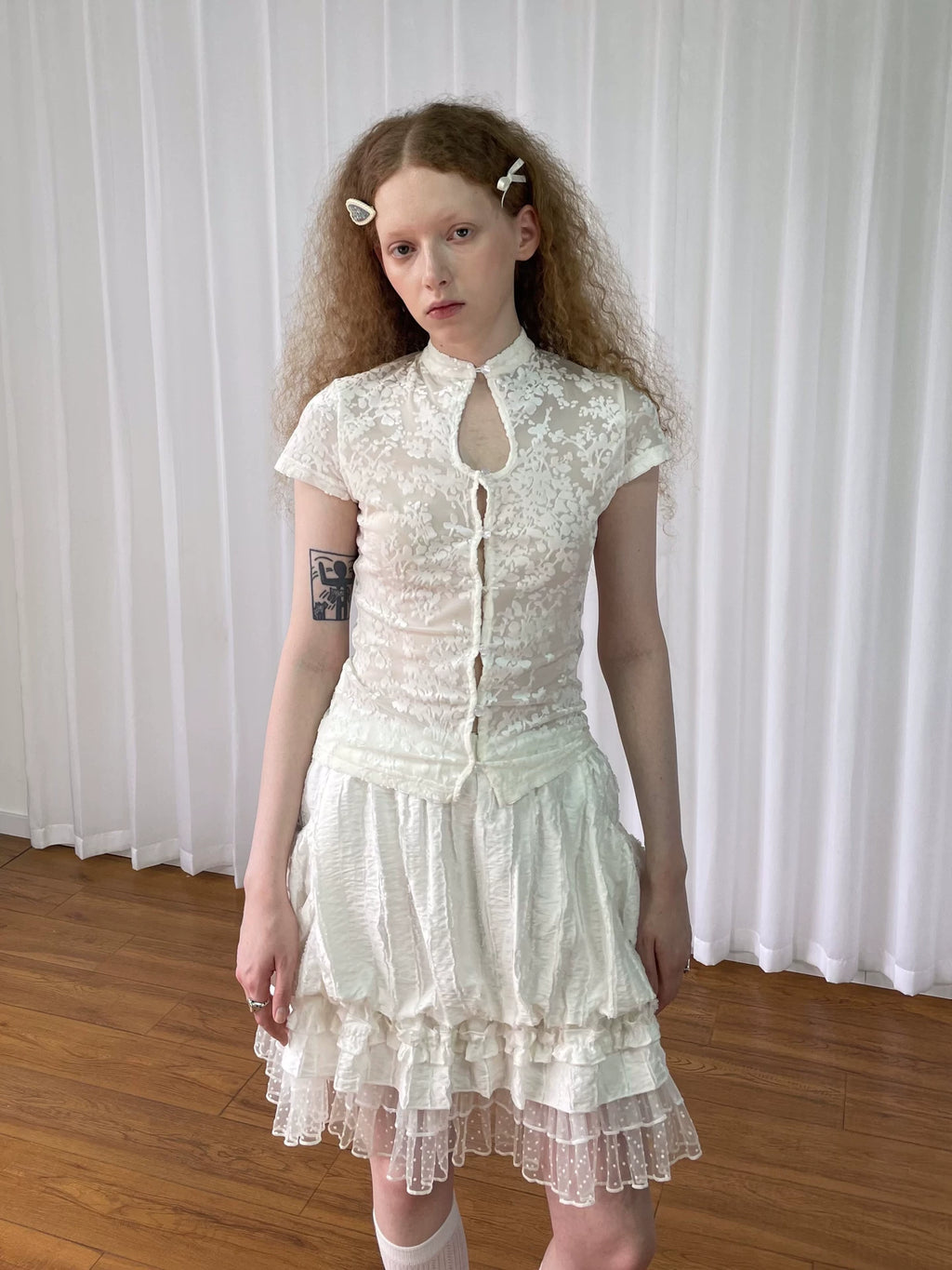 Loosesmell Jacquard Spliced Lace Waist Shirt