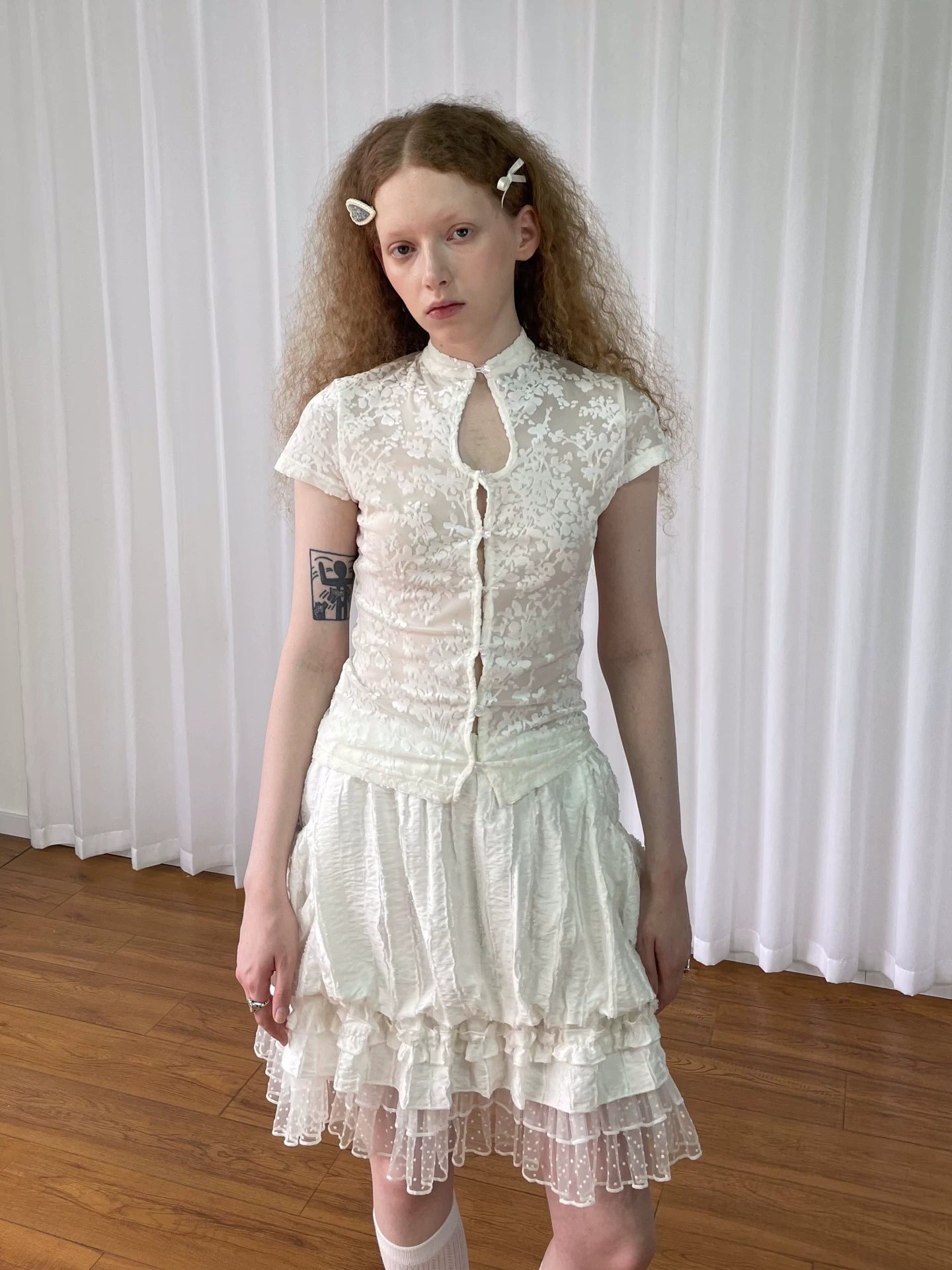 Loosesmell Jacquard Spliced Lace Waist Shirt