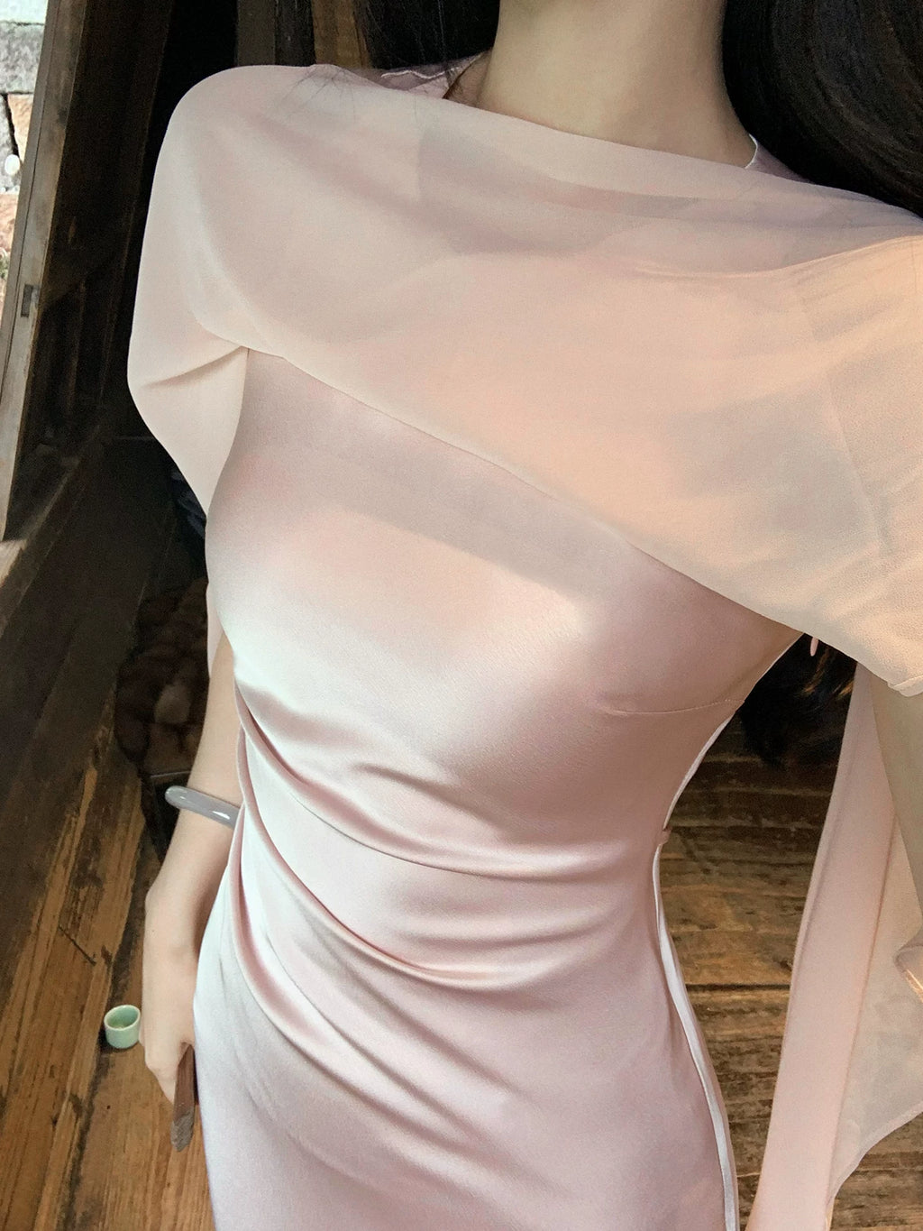 ZIHE Satin Spliced Chiffon Shawl Fishtail Dress
