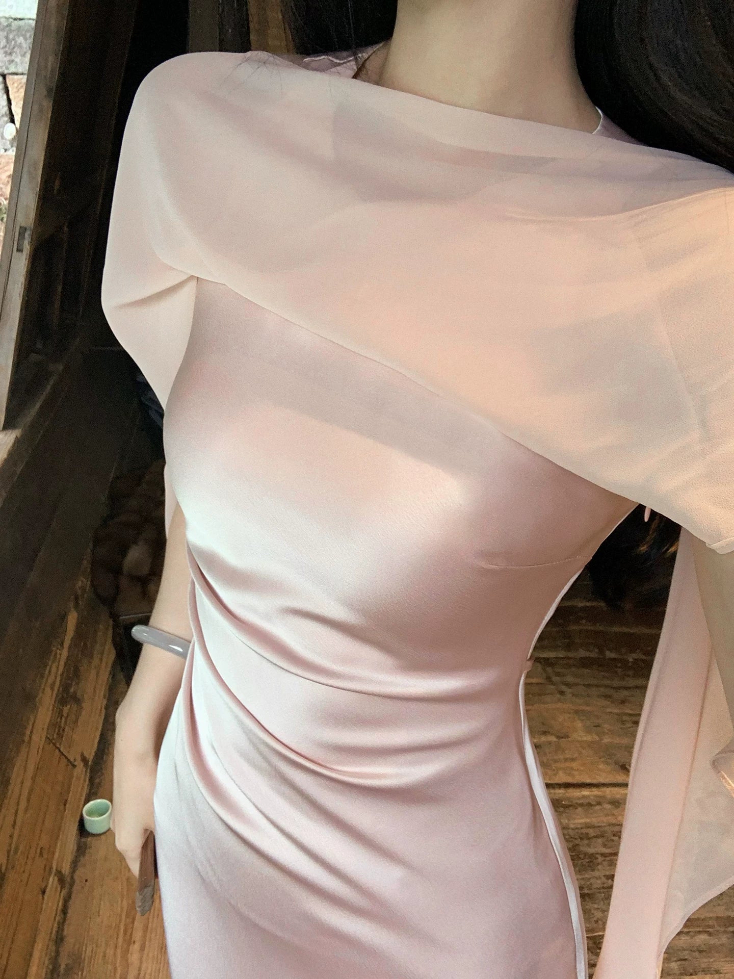 ZIHE Satin Spliced Chiffon Shawl Fishtail Dress