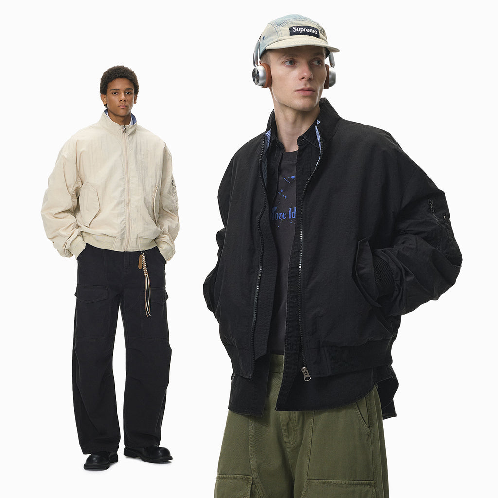 Inflation Short Stand-Up Collar Checked Contrast Baseball Jacket