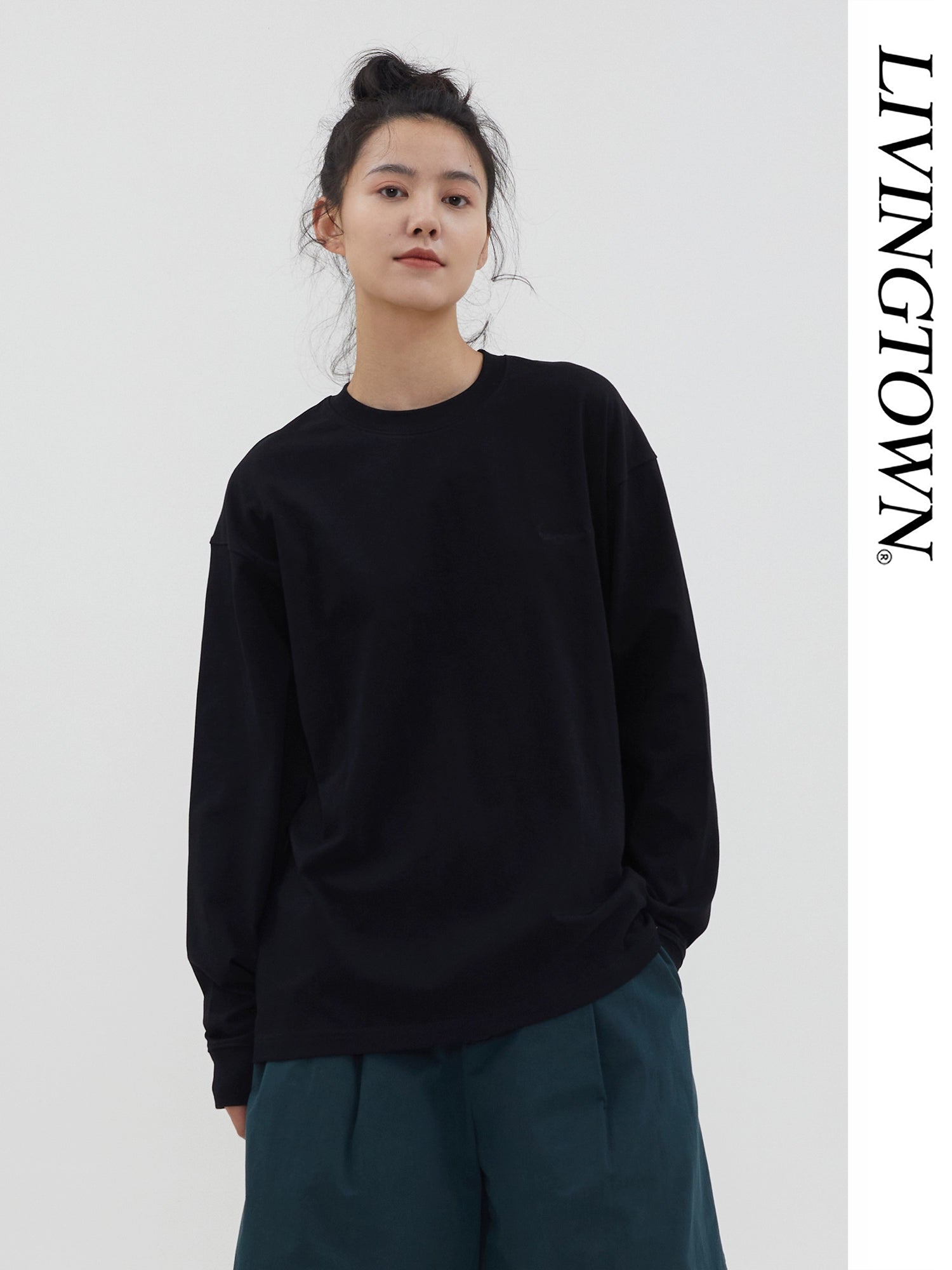 LIVINGTOWN Basic Casual Loose Small Neckline Embroidery Long Sleeve