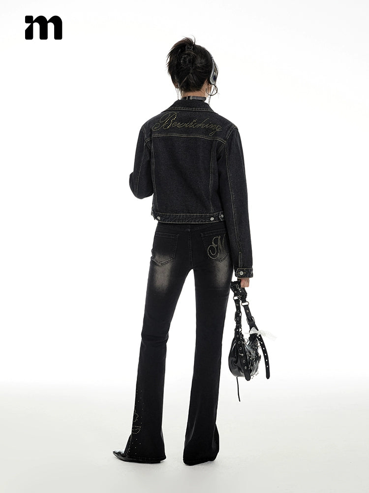 Imone Retro Old Rivets Flower High Waist Thin Slightly Pulled Jeans