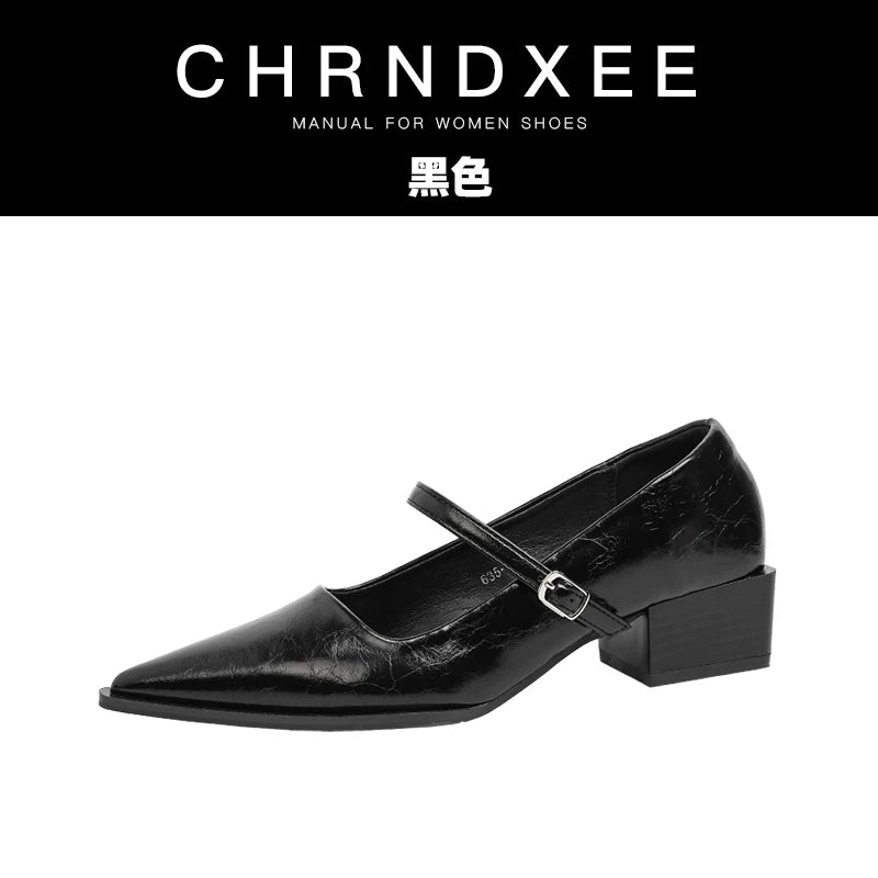 CHRNDXEE Vintage Pointed-toe Soft Leather Chunky Heel Shoes