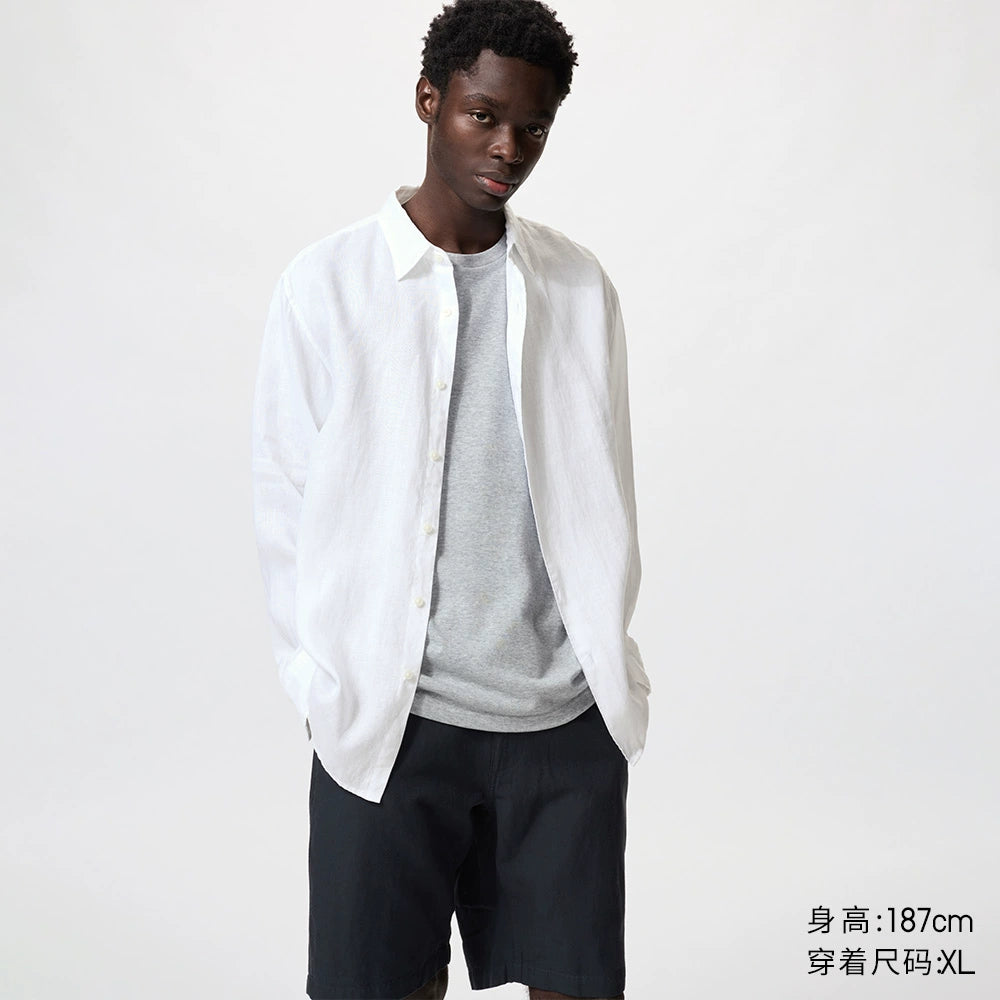 Uniqlo Men's and Women's French Hemp Shirt/Long Sleeve Shirt Linen Casual 25 Spring and Summer New 477641