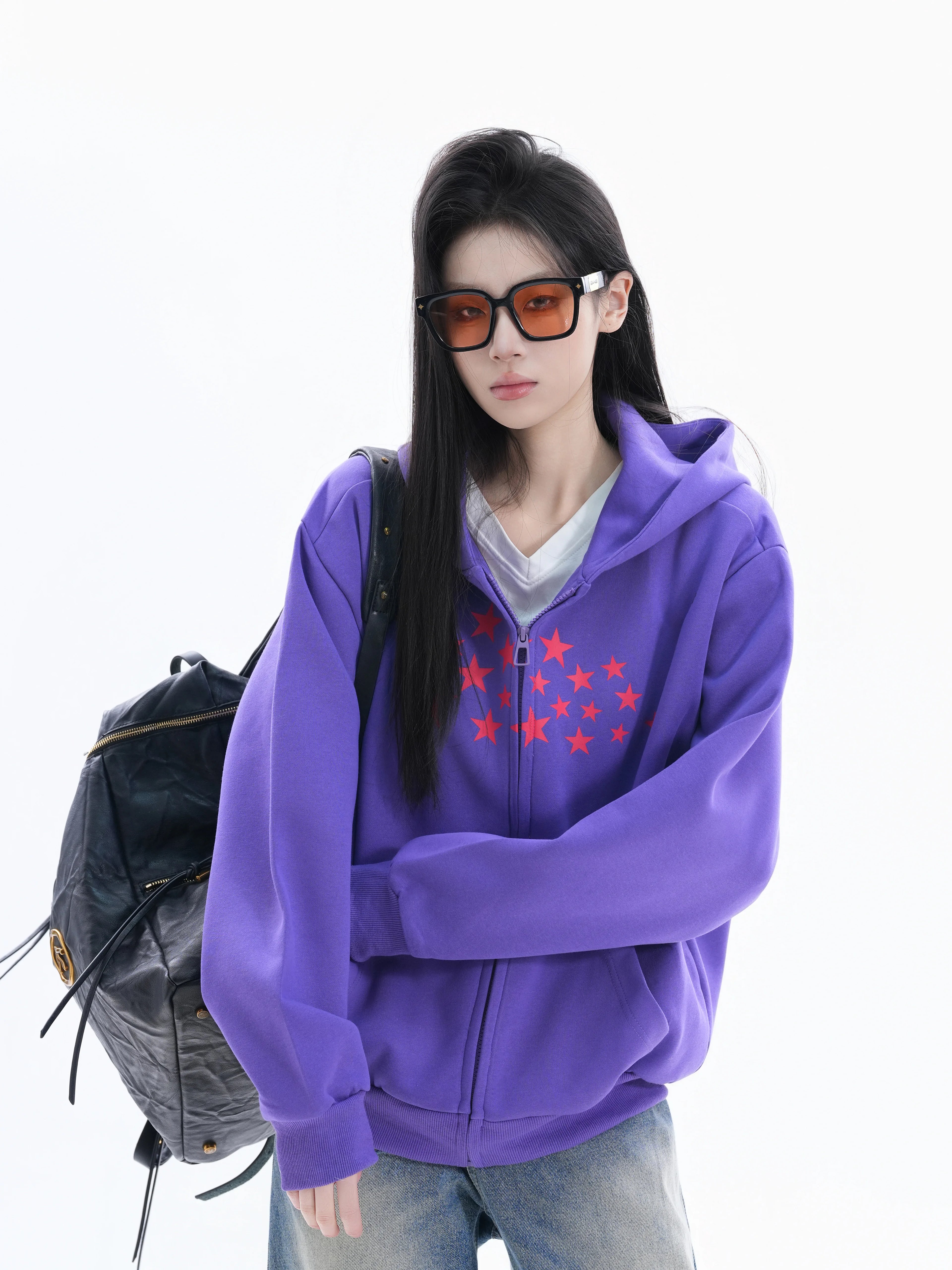 Zuocisankon Korean Printed Star Hooded Sweater Jacket