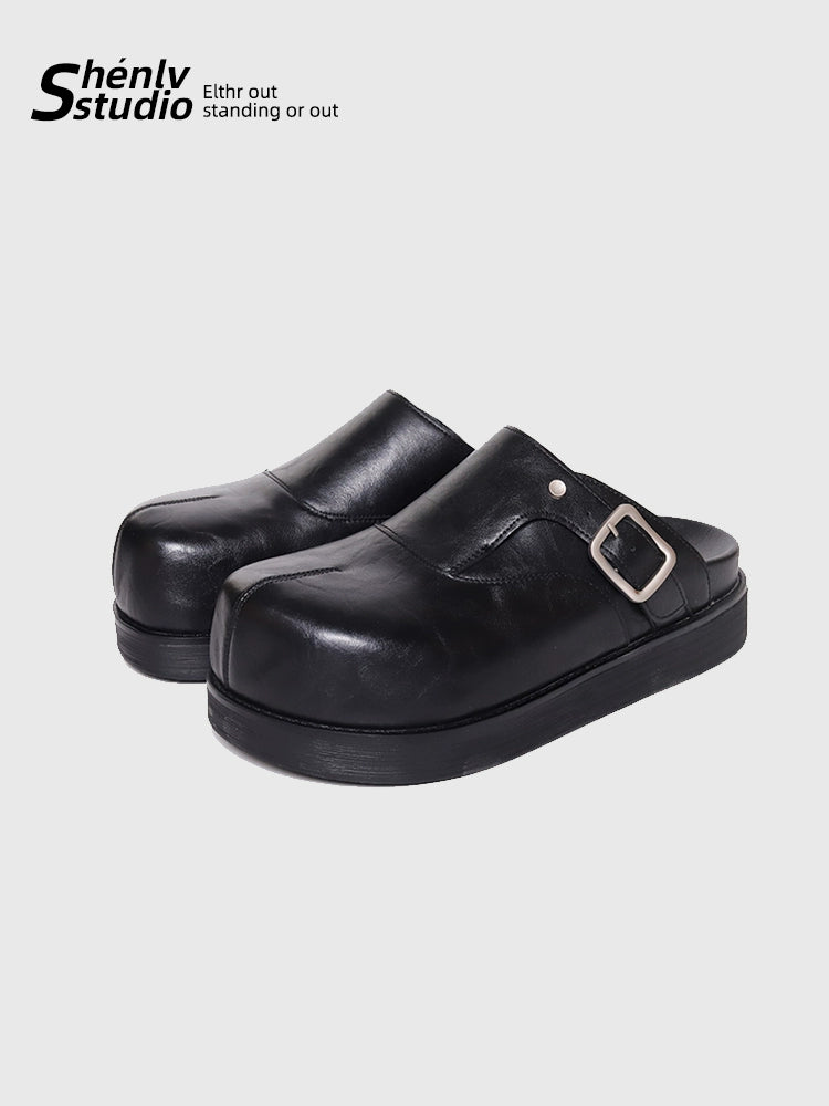 SHENLV STUDIO Big Head Platform Half-tow Leather Shoes Birkenstocks