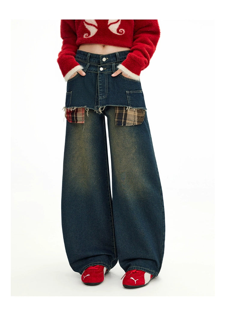 UNIFREE Fake Two-piece Stacked Straight Jeans