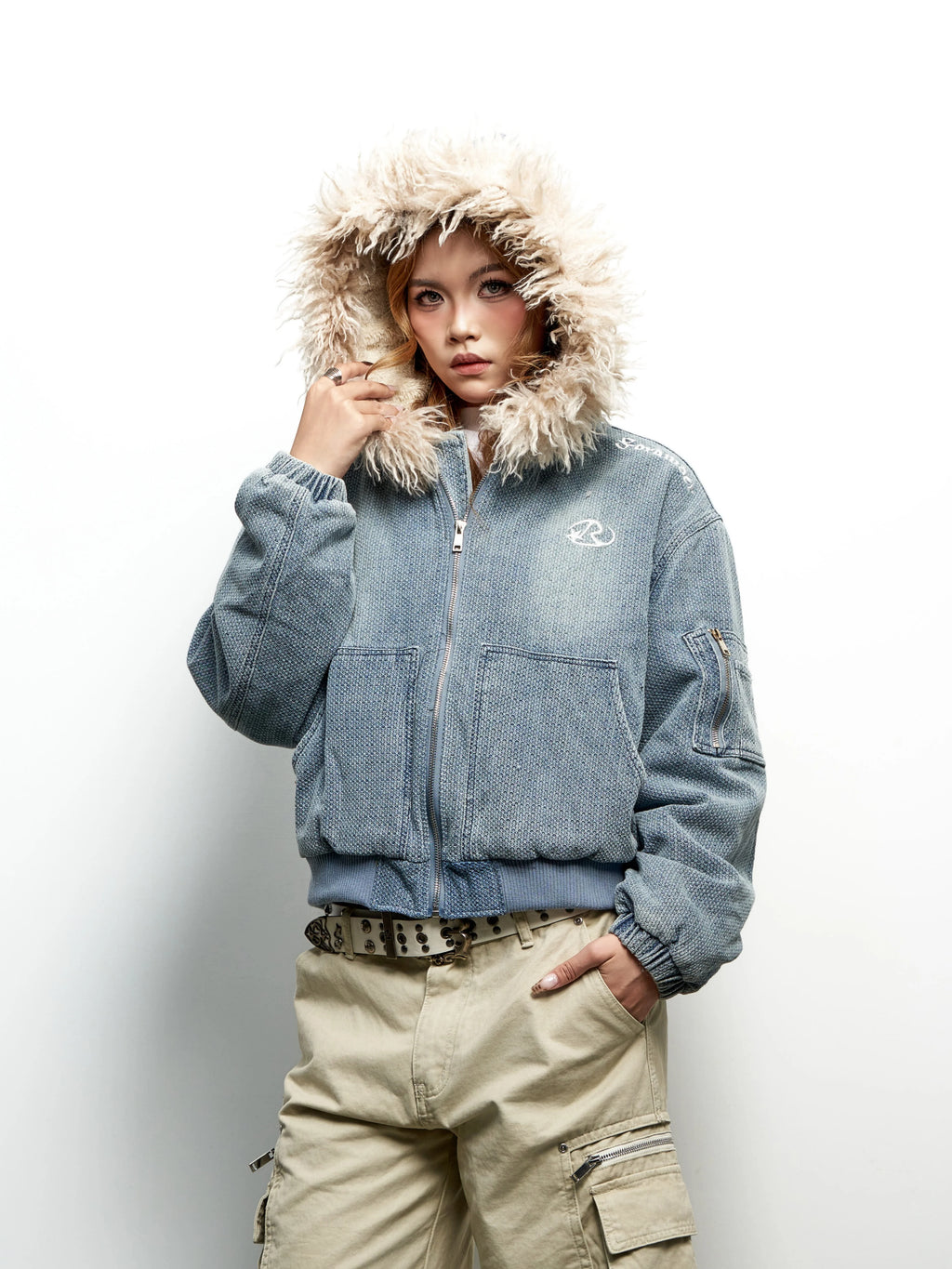 Saimt Retro Faux Fur Collar Hooded Denim Cropped Padded Jacket