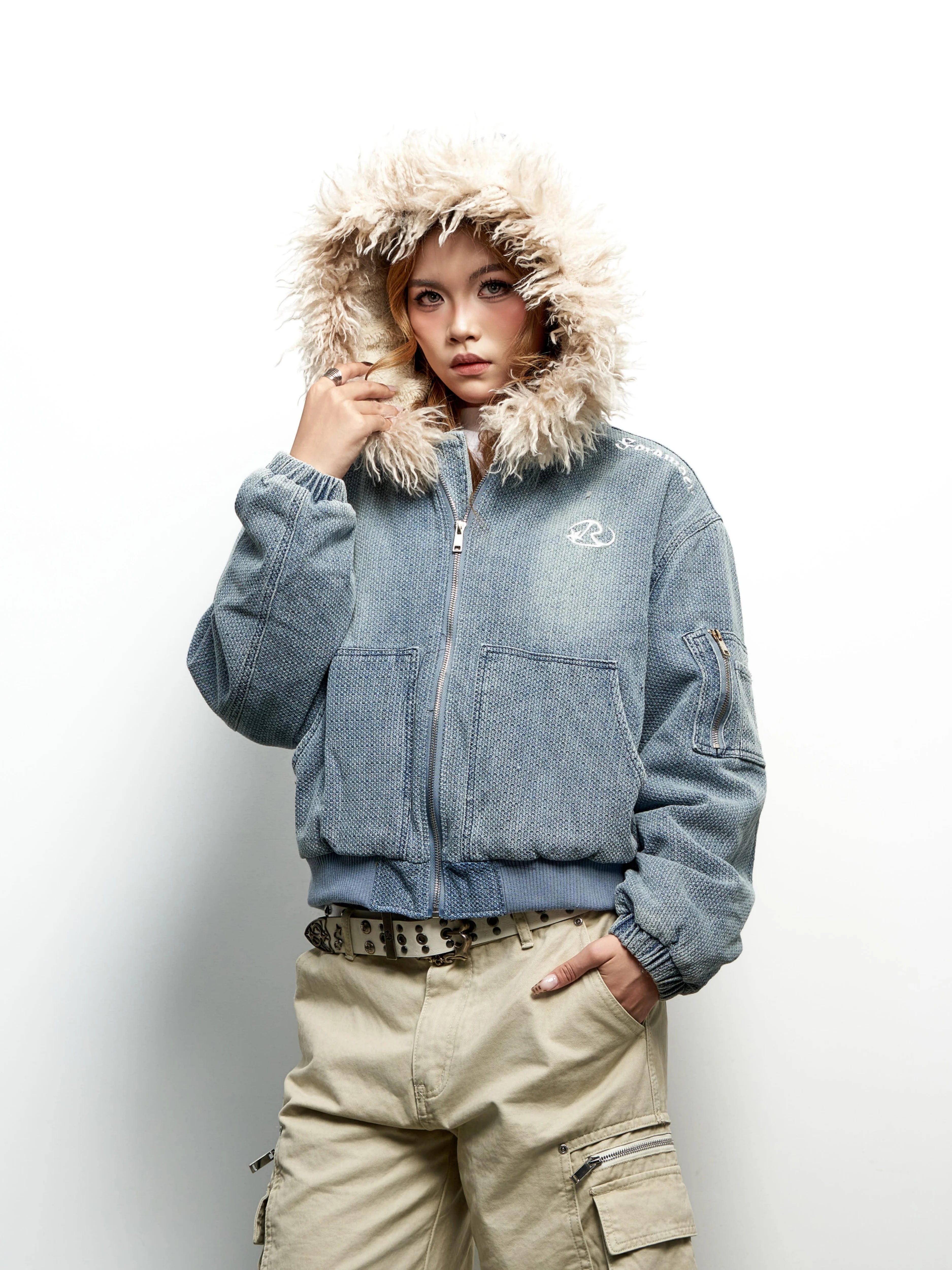 Saimt Retro Faux Fur Collar Hooded Denim Cropped Padded Jacket