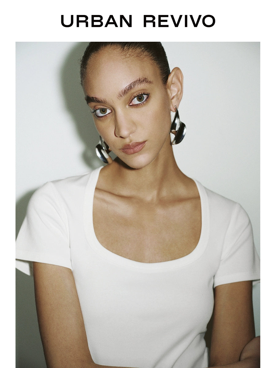 URBAN REVIVO Casual Slim Short U-Neck Short Sleeve T-Shirt