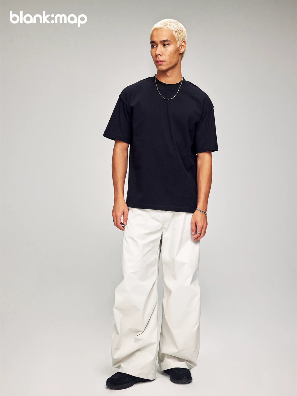 Blank Map Elastic Waist Casual Loose Pleated Wide Leg Pants