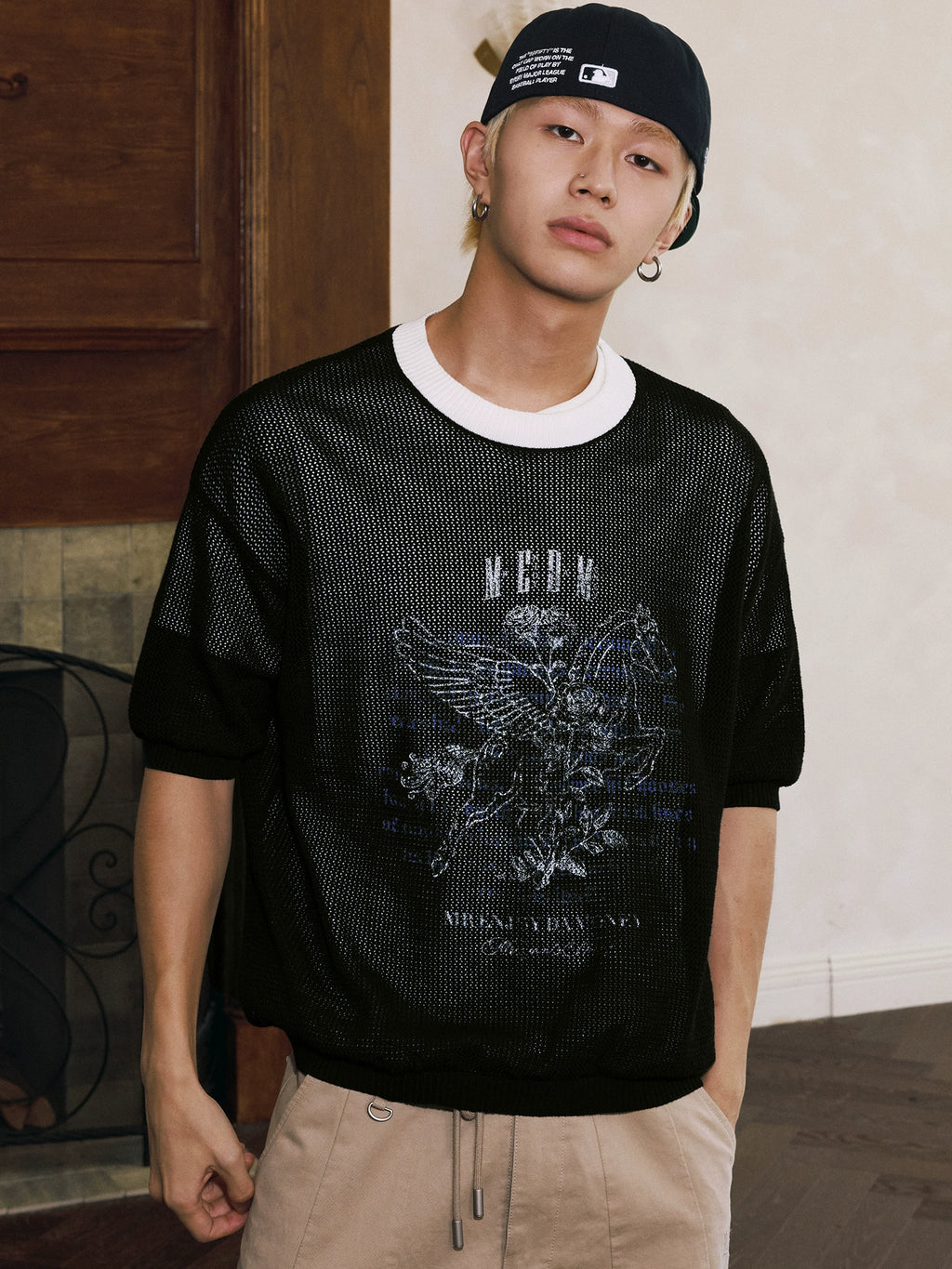 MEDM Letter Pattern Casual Old Knitted Round Neck Tee