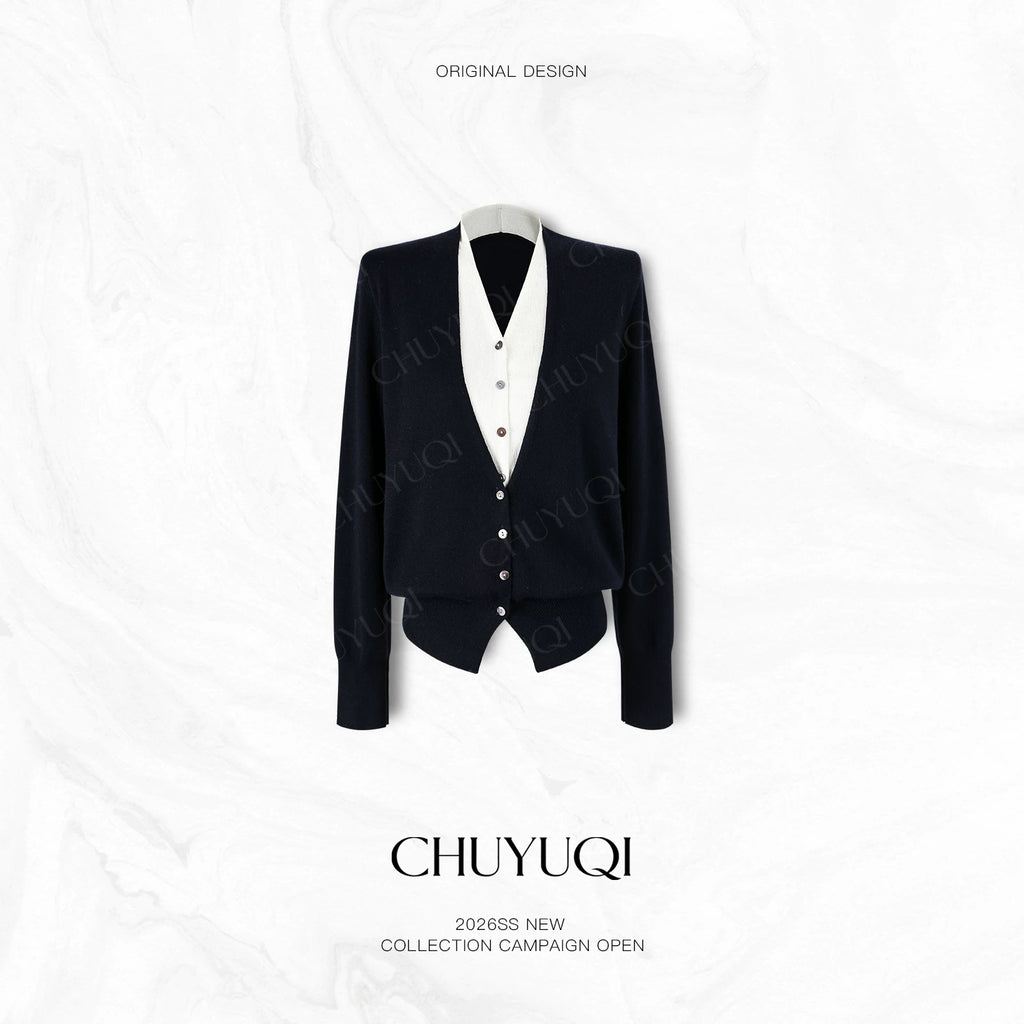 CHUYUQI Contrasting Color Waist Fake Two-piece Knitted Cardigan