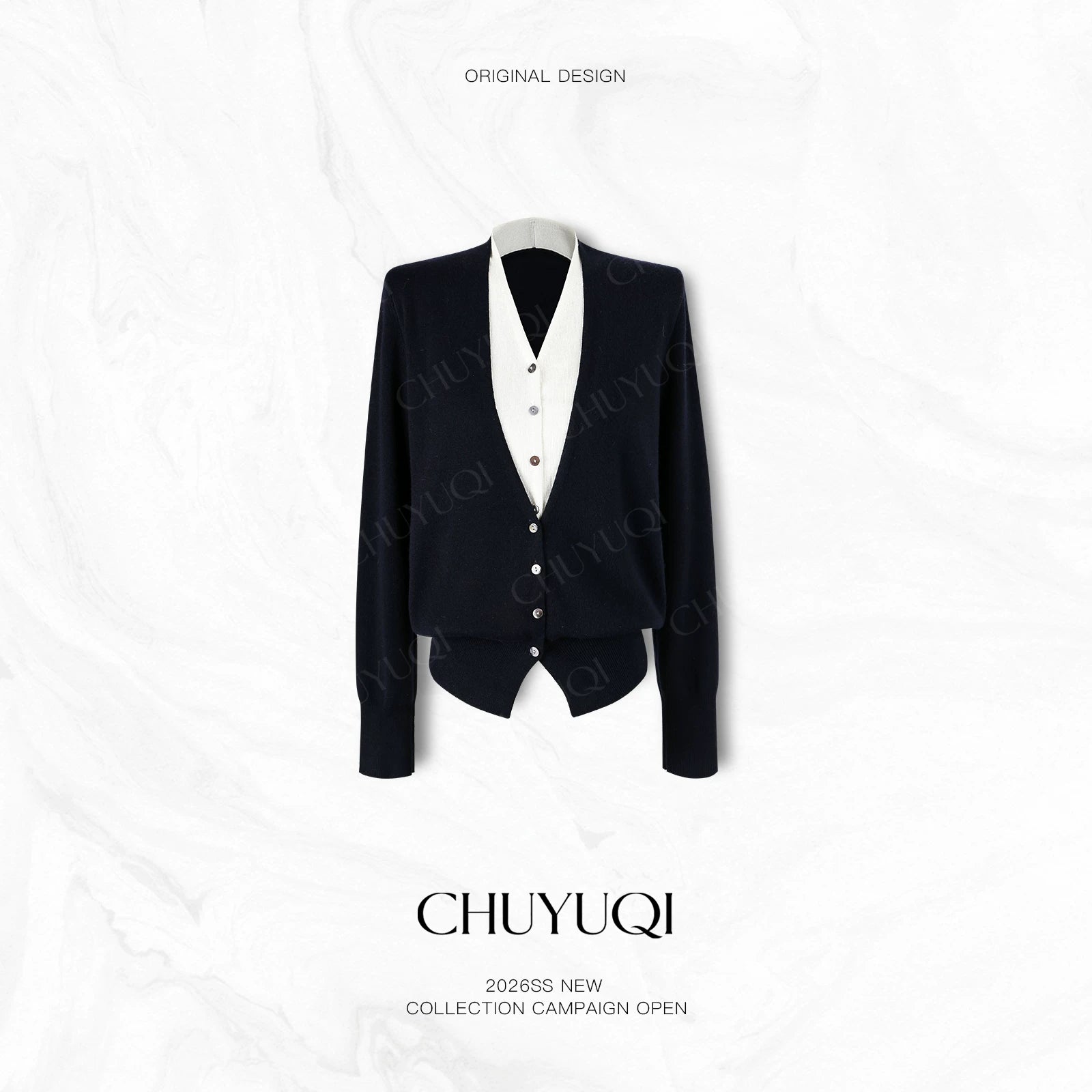 CHUYUQI Contrasting Color Waist Fake Two-piece Knitted Cardigan