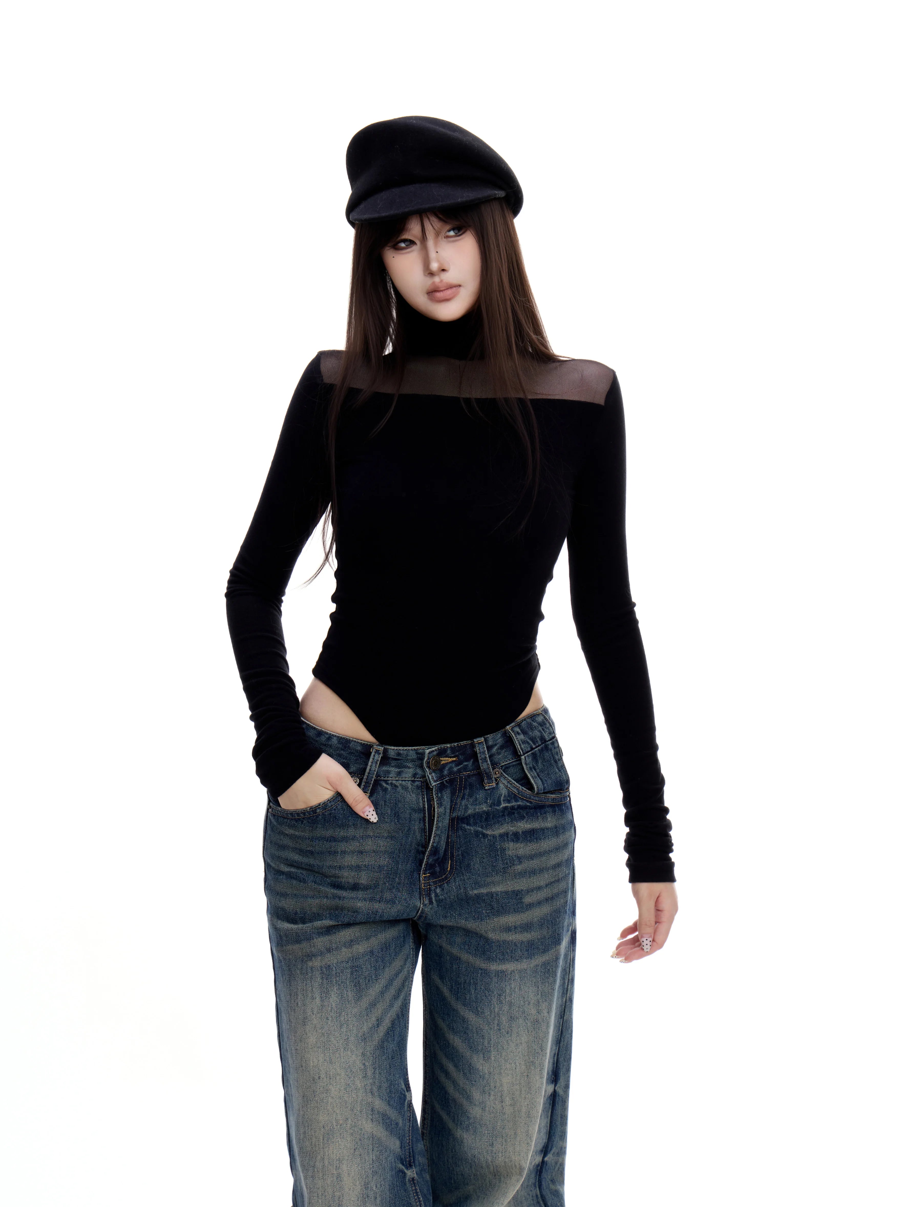 WITHMIN Semi-turtleneck Hollow Slim Bottom Long Sleeve