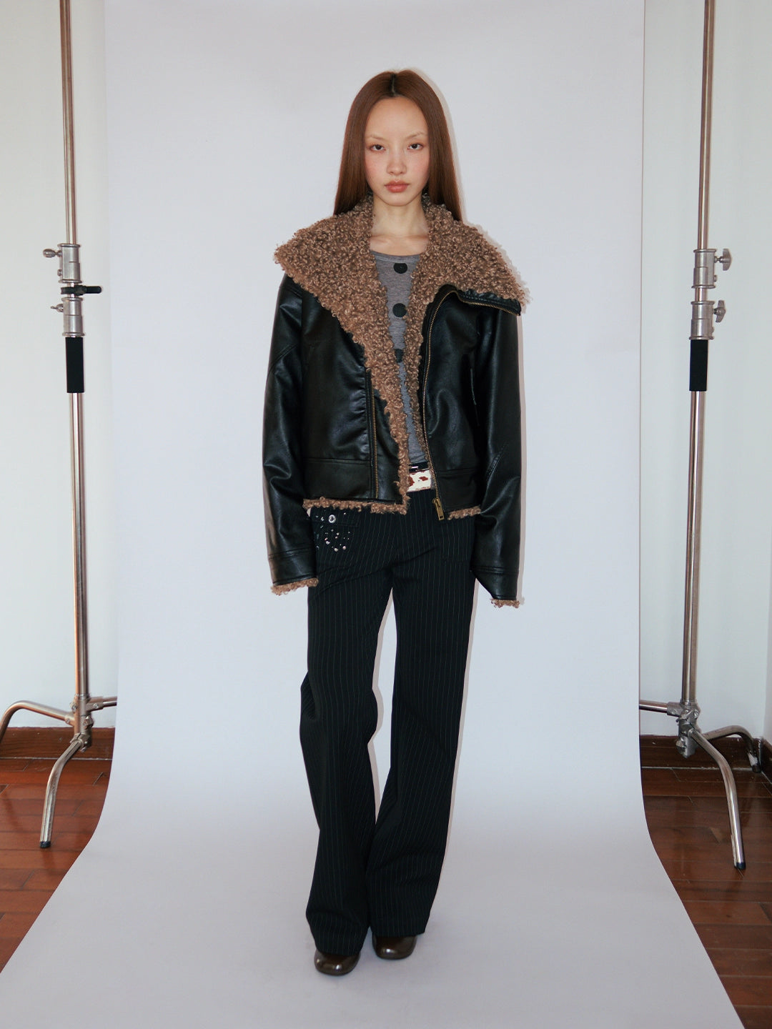 FUNKYFUN Medium and Low Waist Hot-drilled Pinstriped Flared Pants