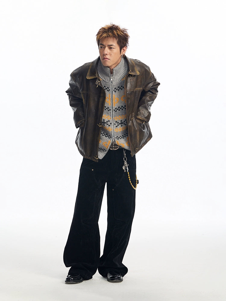 CoosRetro Vintage Vintage Plane Button Leather Jacket