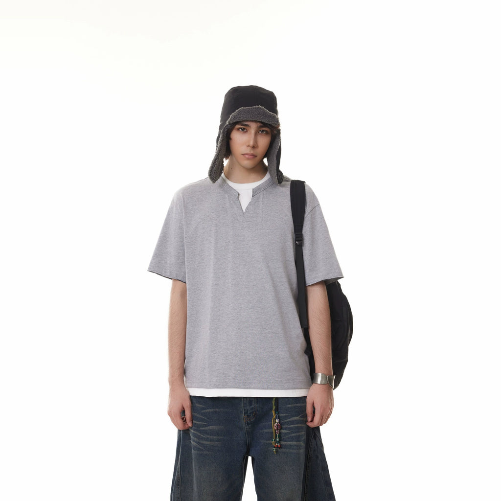 BTSG fake two-piece stacked Henry collar Tee