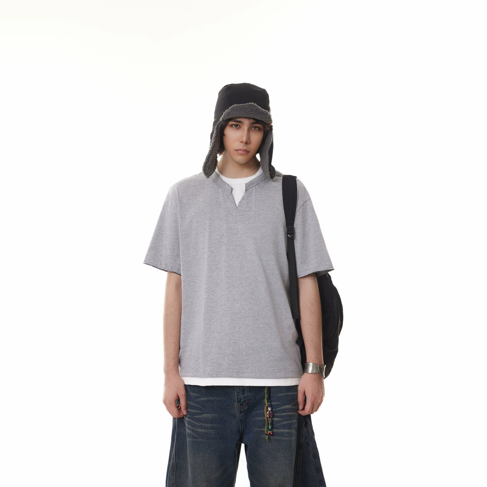 BTSG fake two-piece stacked Henry collar Tee