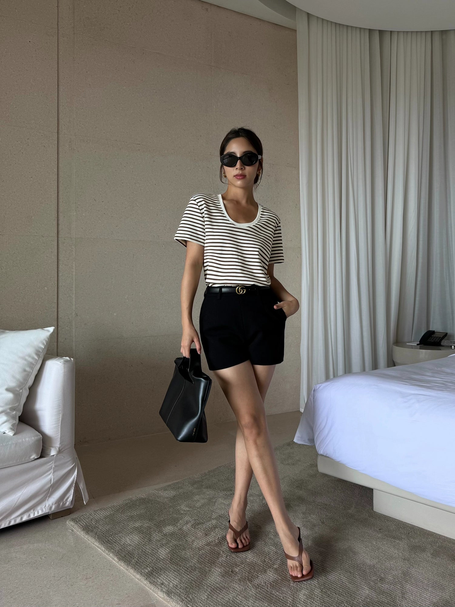 NEVA HU Striped U-neck Versatile Casual Tee