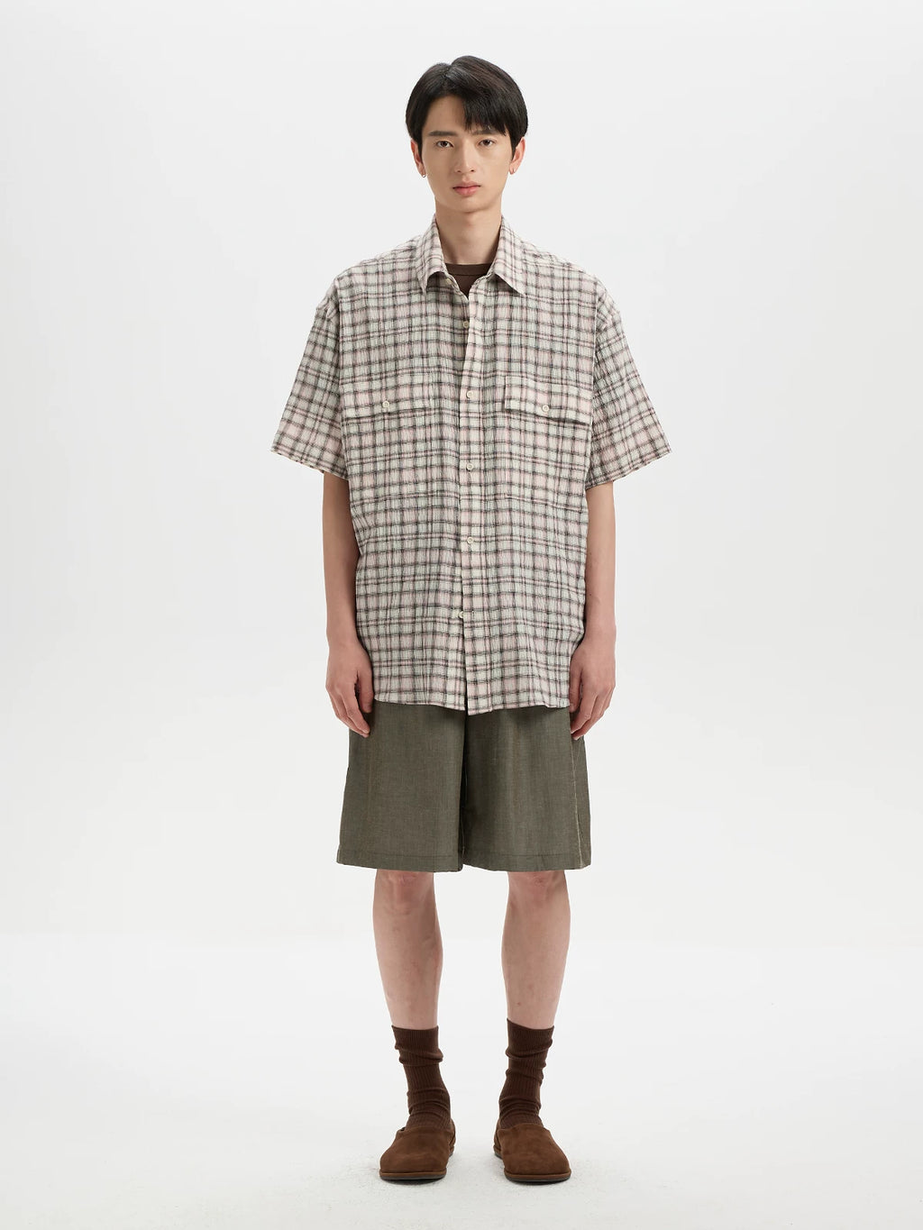 BUTTBILL 200g Plaid Drop-Shoulder Short-Sleeve Shirt
