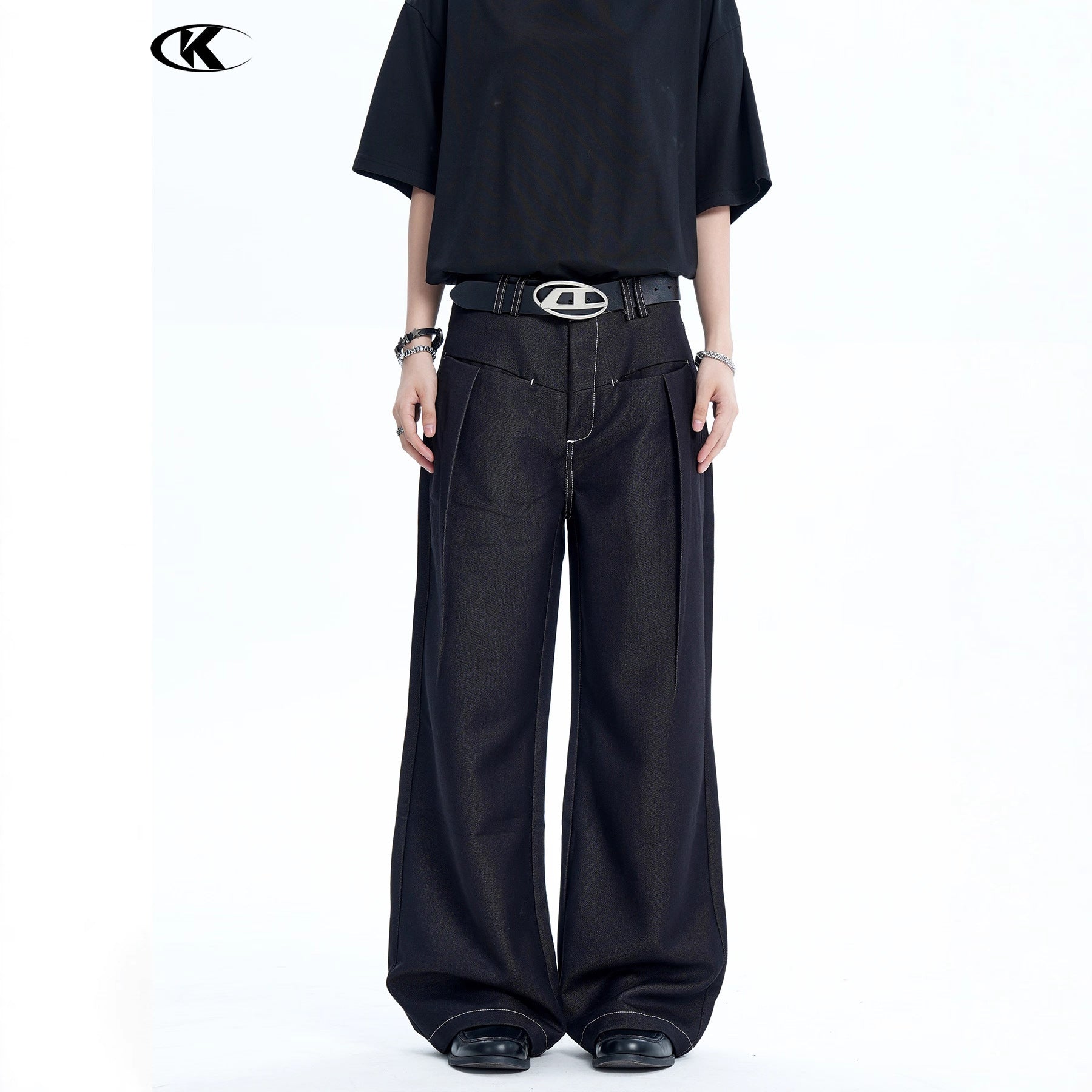 11KN Retro Bright Line Drape Versatile Trousers