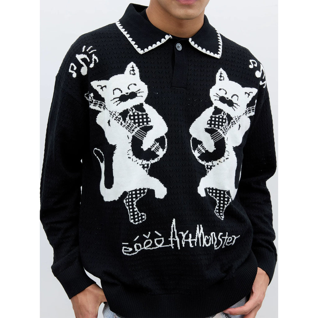 eeeeArtmonster Cat Jacquard Knitted Hollow Long Sleeve Blouse