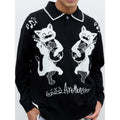 eeeeArtmonster Cat Jacquard Knitted Hollow Long Sleeve Blouse