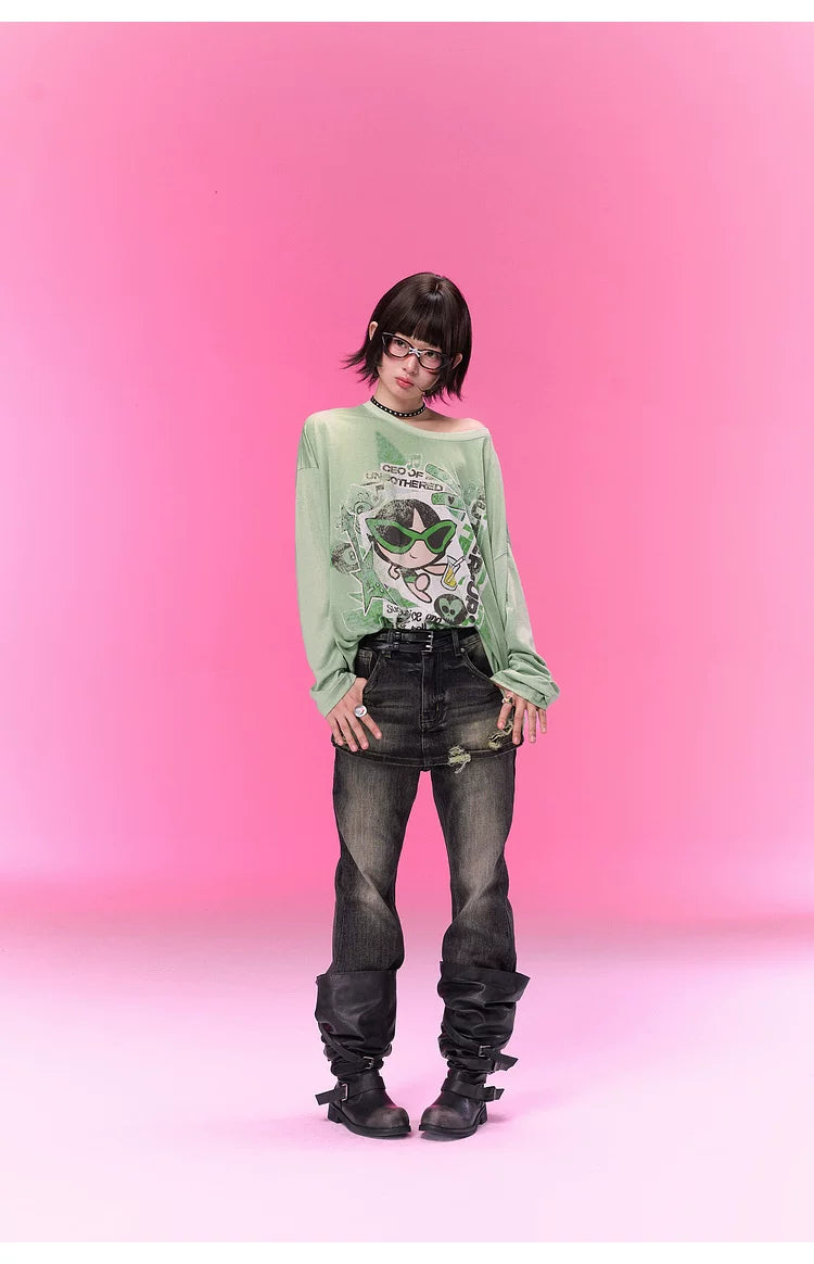 BJHG [Flying Girls Joint Name] Printed Lyocell Long Sleeve T-Shirt