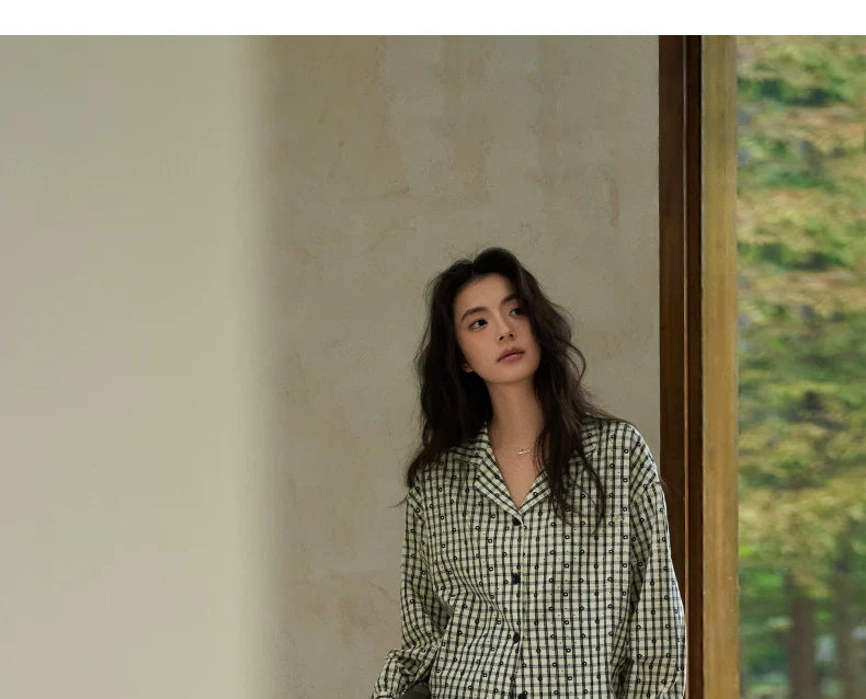 YUENEI Plaid Cotton Long-sleeved Trousers Pajamas