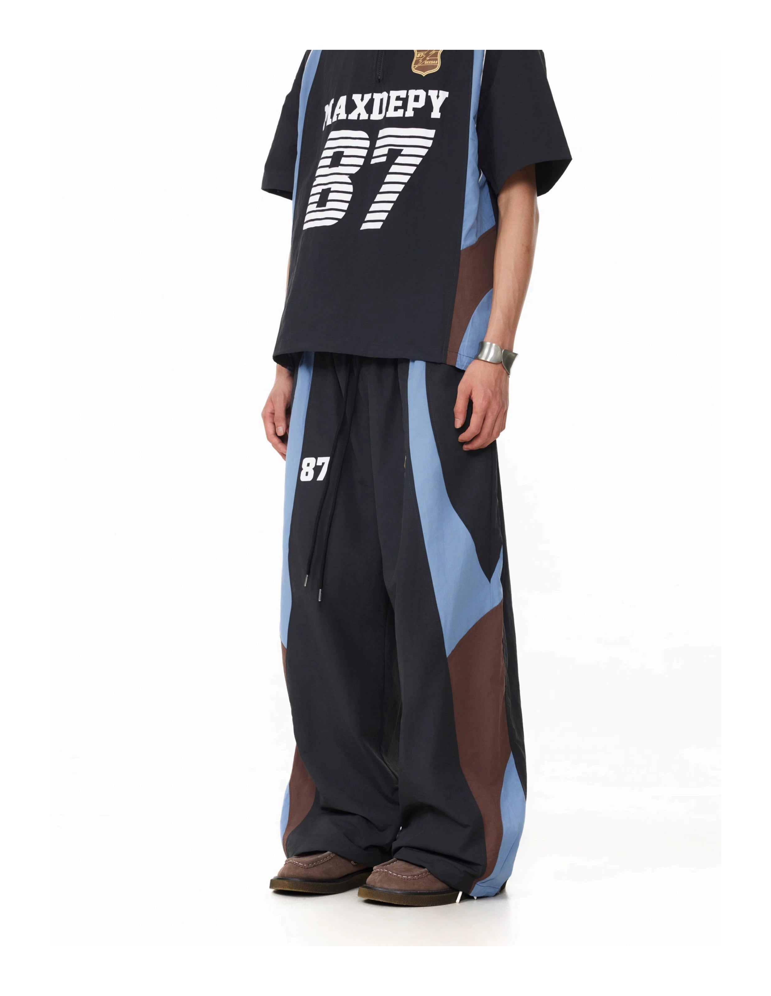 BTSG American retro badge contrasting color splicing elastic waist Pants