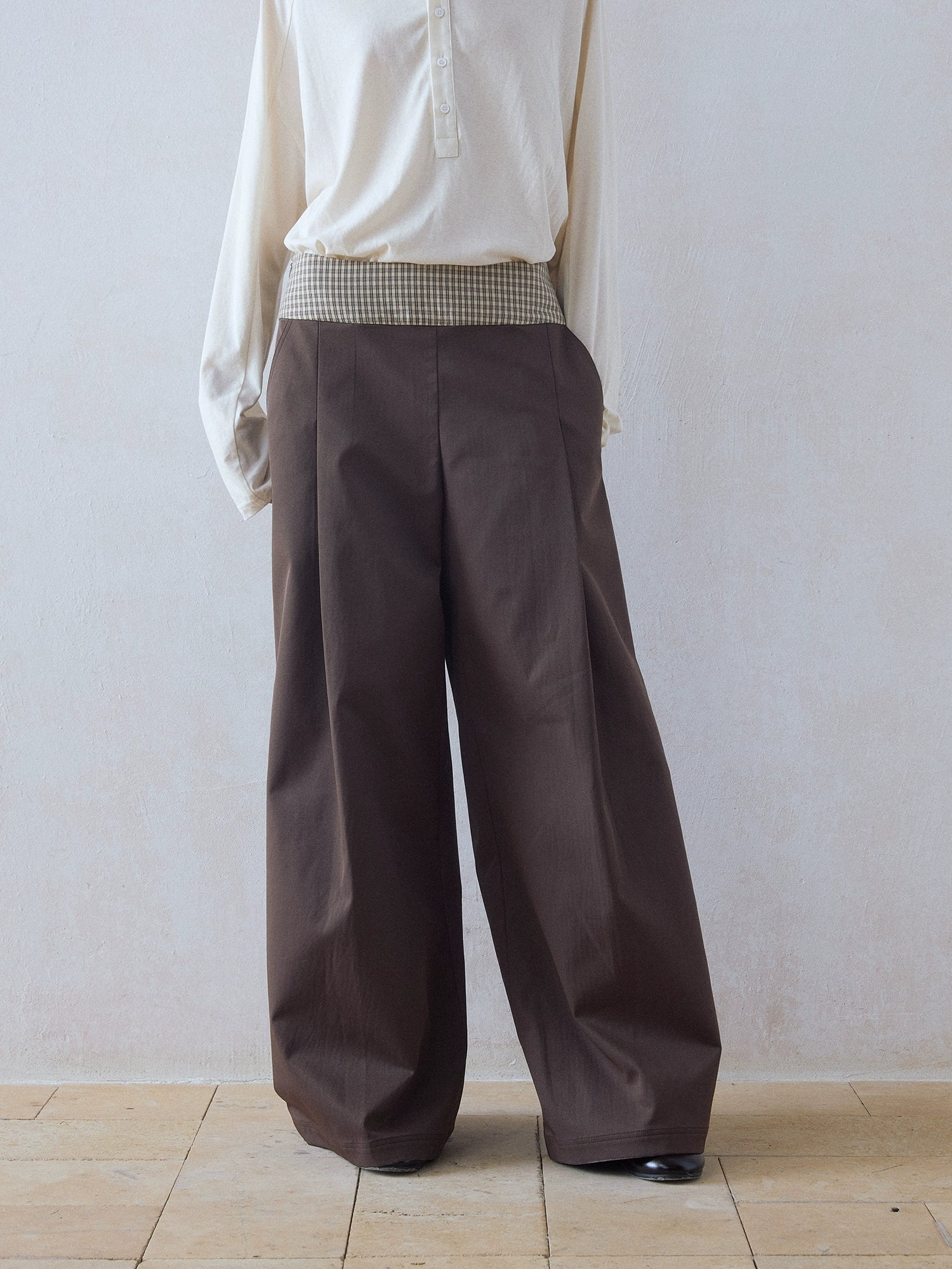 DIMC Checked Stitching Inner Pleated Wide-leg High-waisted Pants