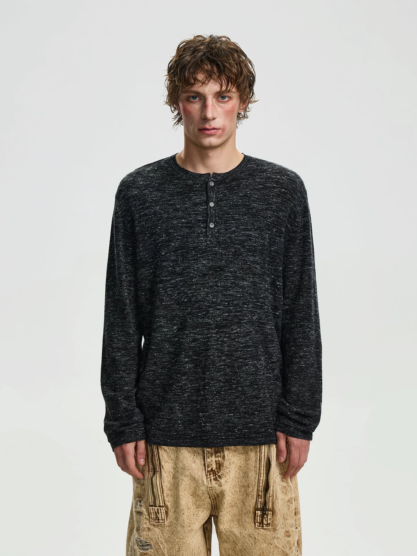 BTSG retro linen blend texture Henry neck knitted long sleeve sweater