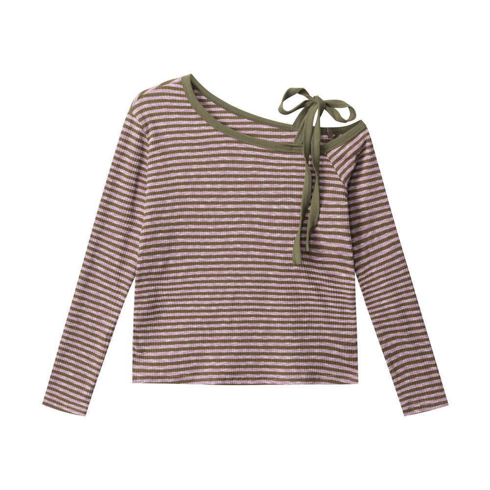 Nariele Vintage Slant Neck Striped Slim Sleeve